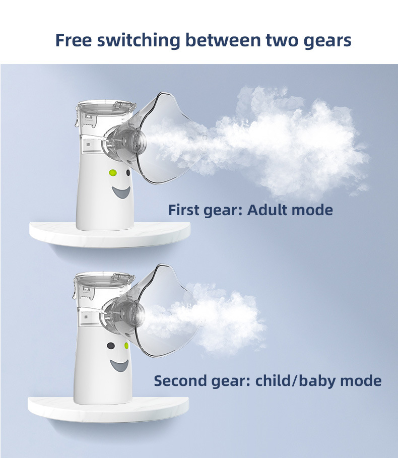Ein weißer Inhalator zeigt zwei Modi: Erwachsenenmodus und Kindermodus, mit sichtbarem Sprühnebel.