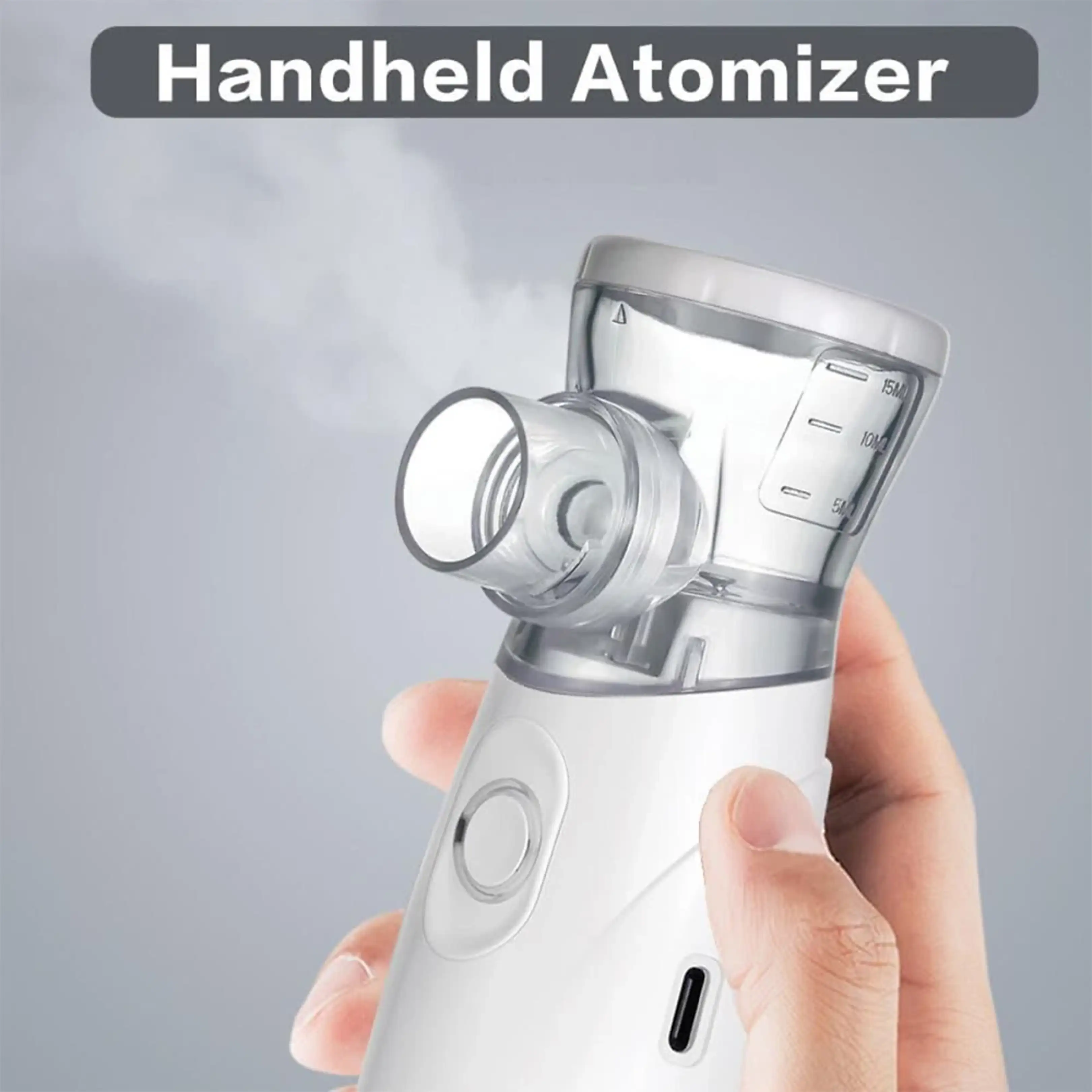 Eine Hand hält einen weißen Hand-Zerstäuber, der Feinnebel abgibt, mit dem Text Handheld Atomizer oben.