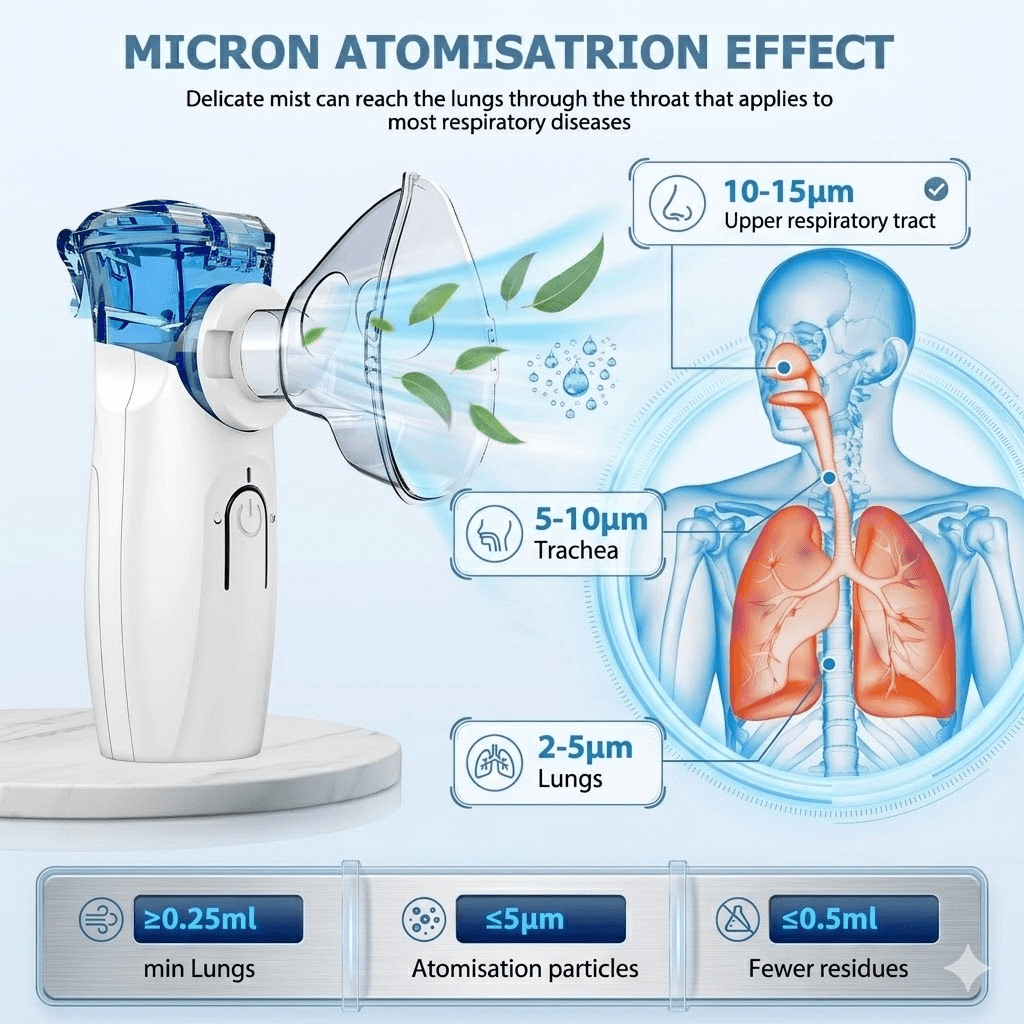Medizinisches Diagramm eines Inhalators, das die Partikelgrößen in den Atemwegen zeigt.
