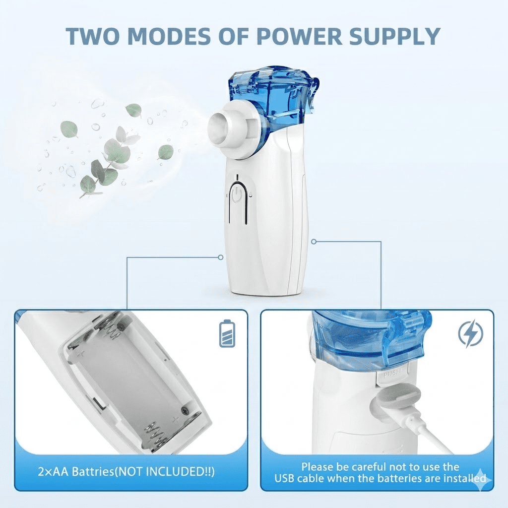 Ein weiß-blauer Inhalator mit zwei Stromversorgungsmodi: AA-Batterien und USB-Kabel.