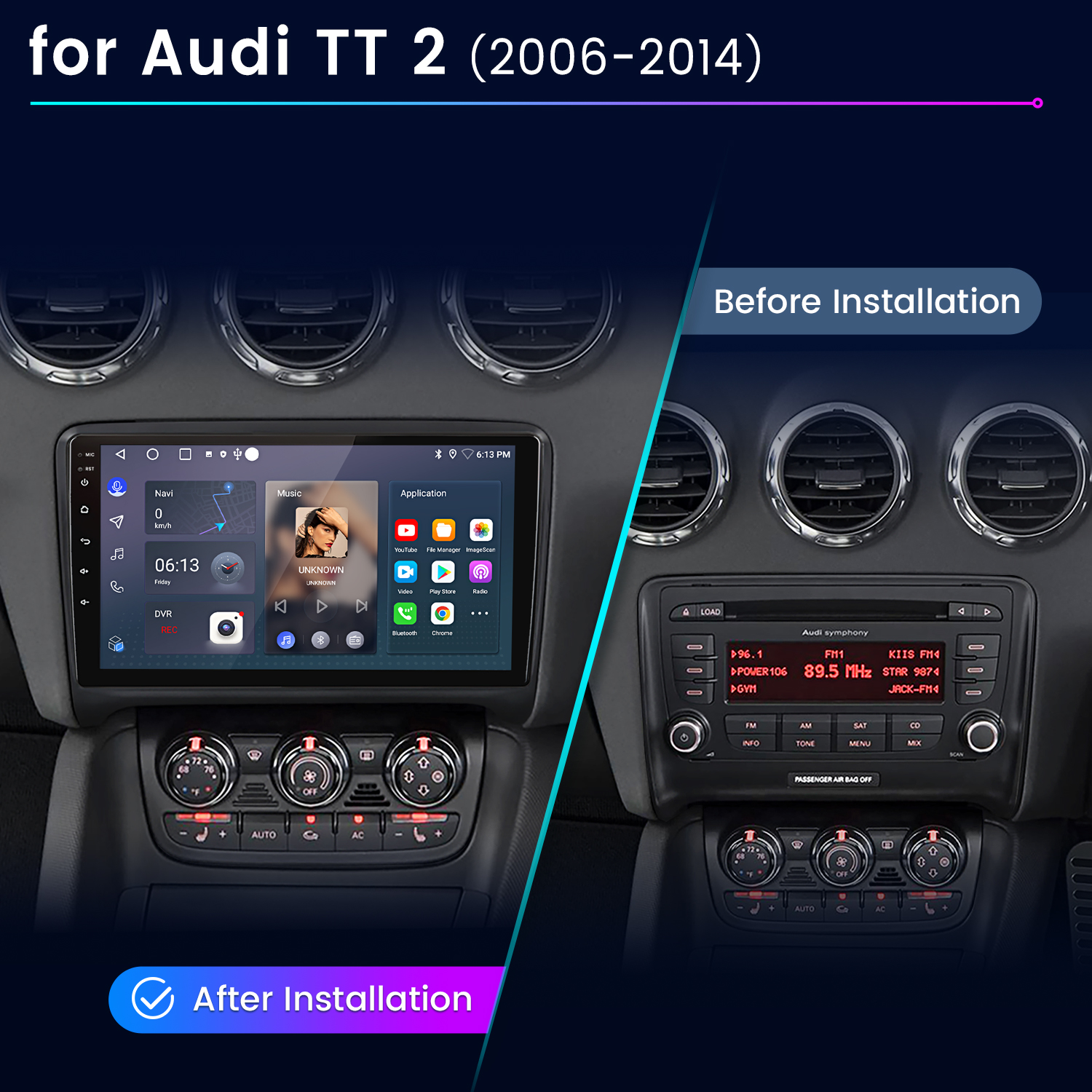 Vergleich des Audi TT 2 Armaturenbretts vor und nach dem Einbau eines Multimedia-Bildschirms.