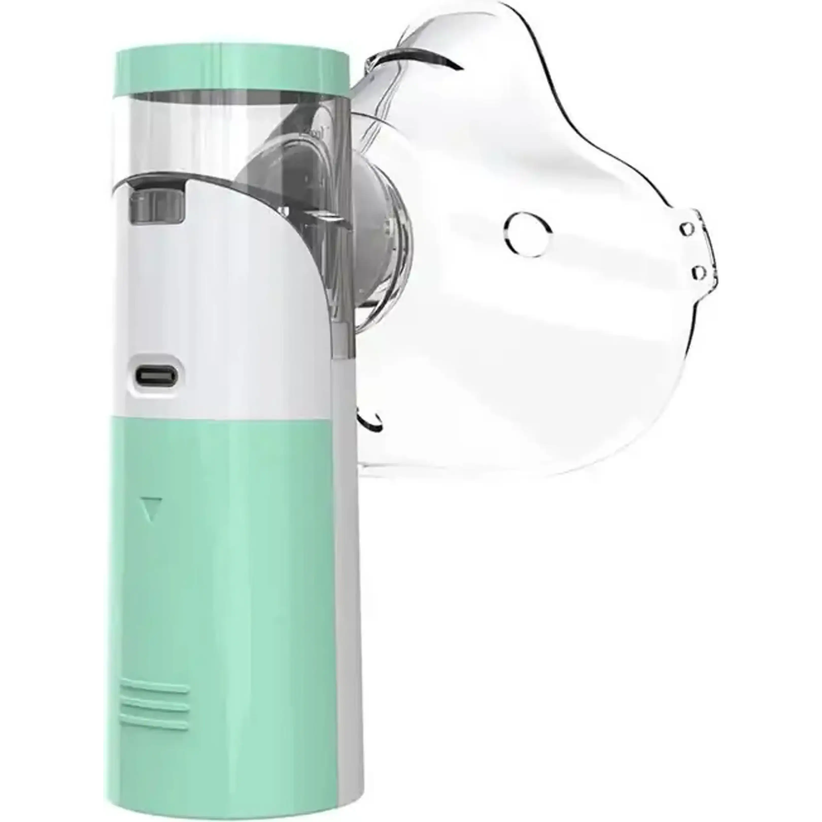 Ein tragbarer Mesh-Inhalator in Weiß und Mintgrün, verbunden mit einer transparenten Gesichtsmaske.