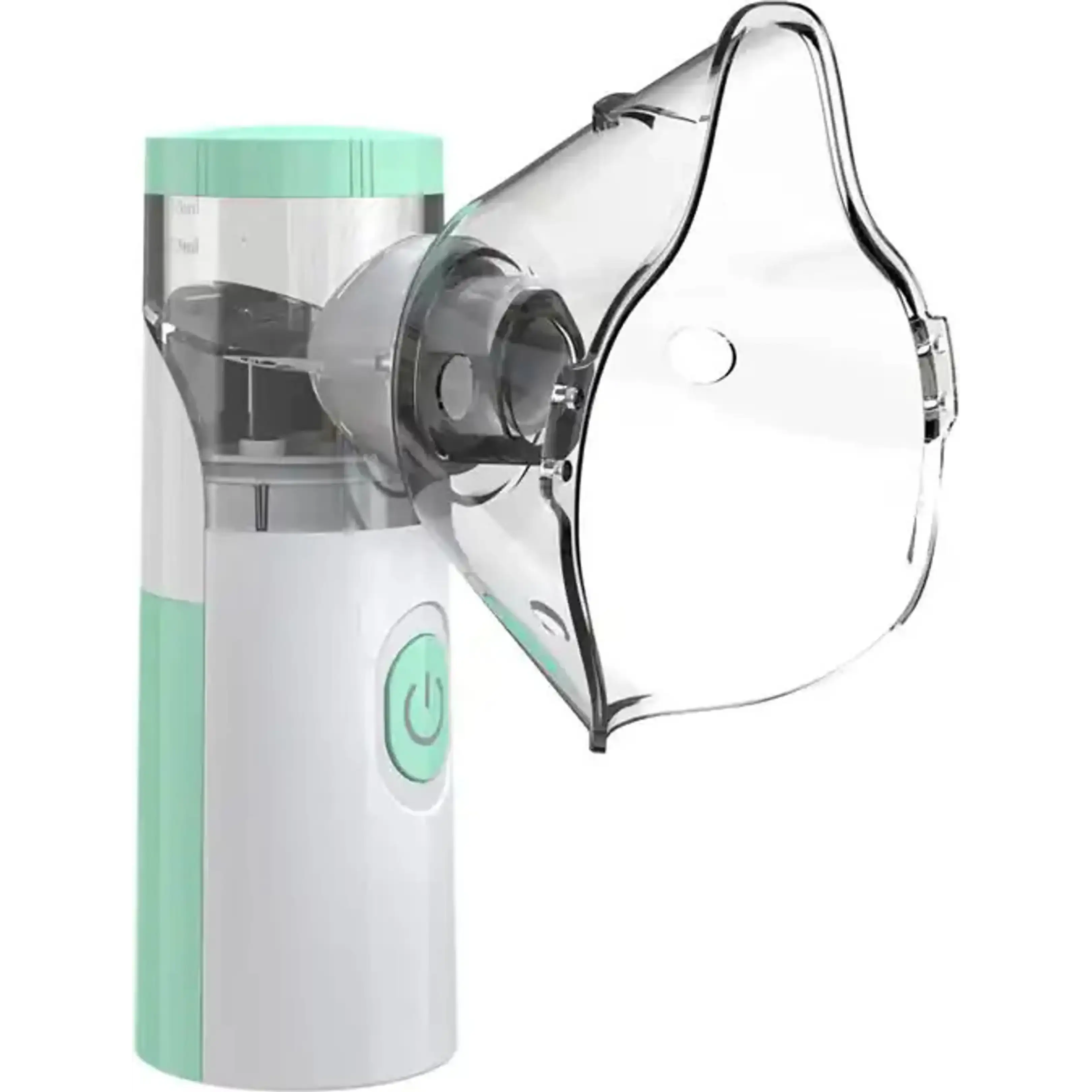 Ein tragbarer weiß-grüner Inhalator mit klarer Plastikmaske und Einschalttaste auf der Vorderseite.