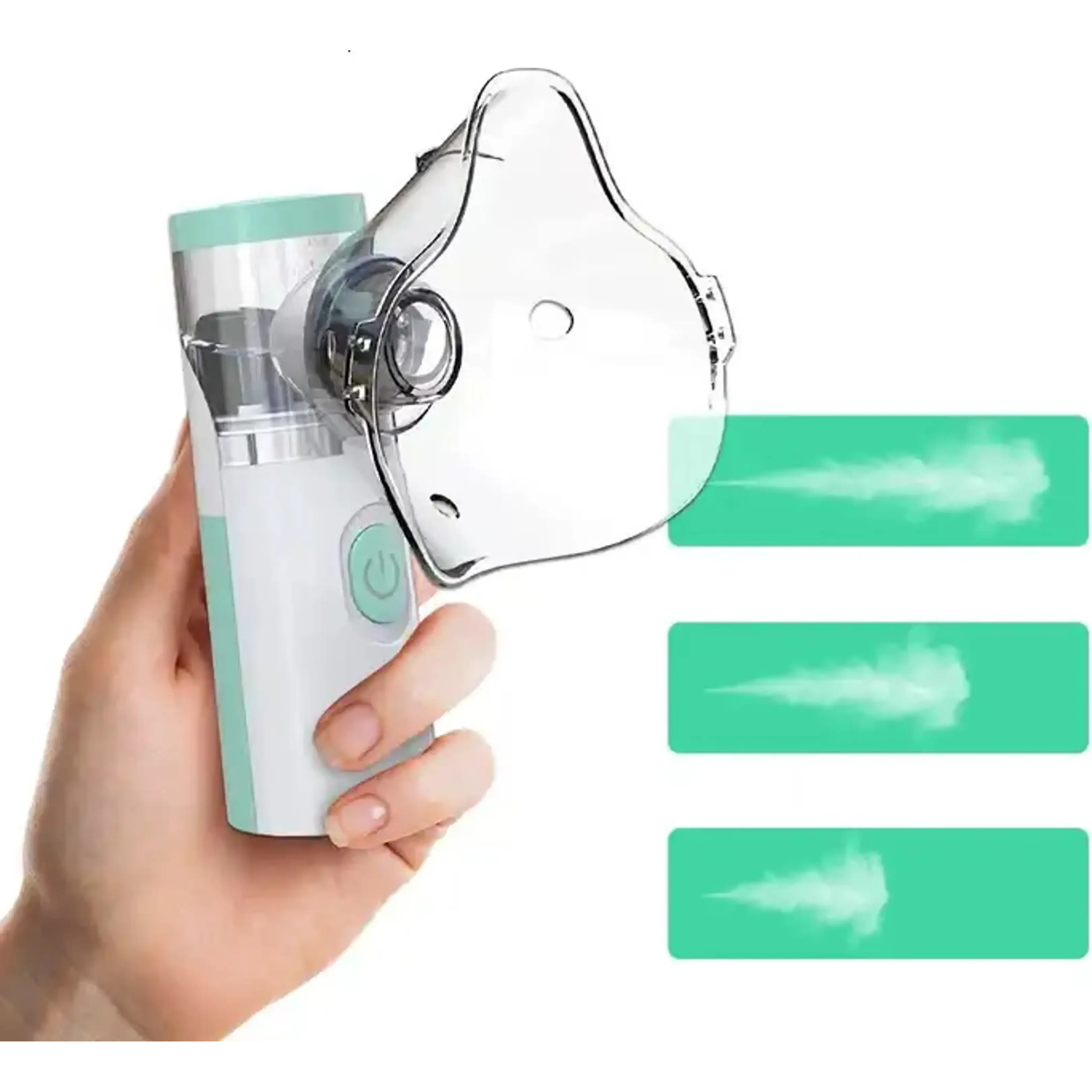 Eine Hand hält einen tragbaren Mesh-Inhalator mit Maske und Nebelstufen.