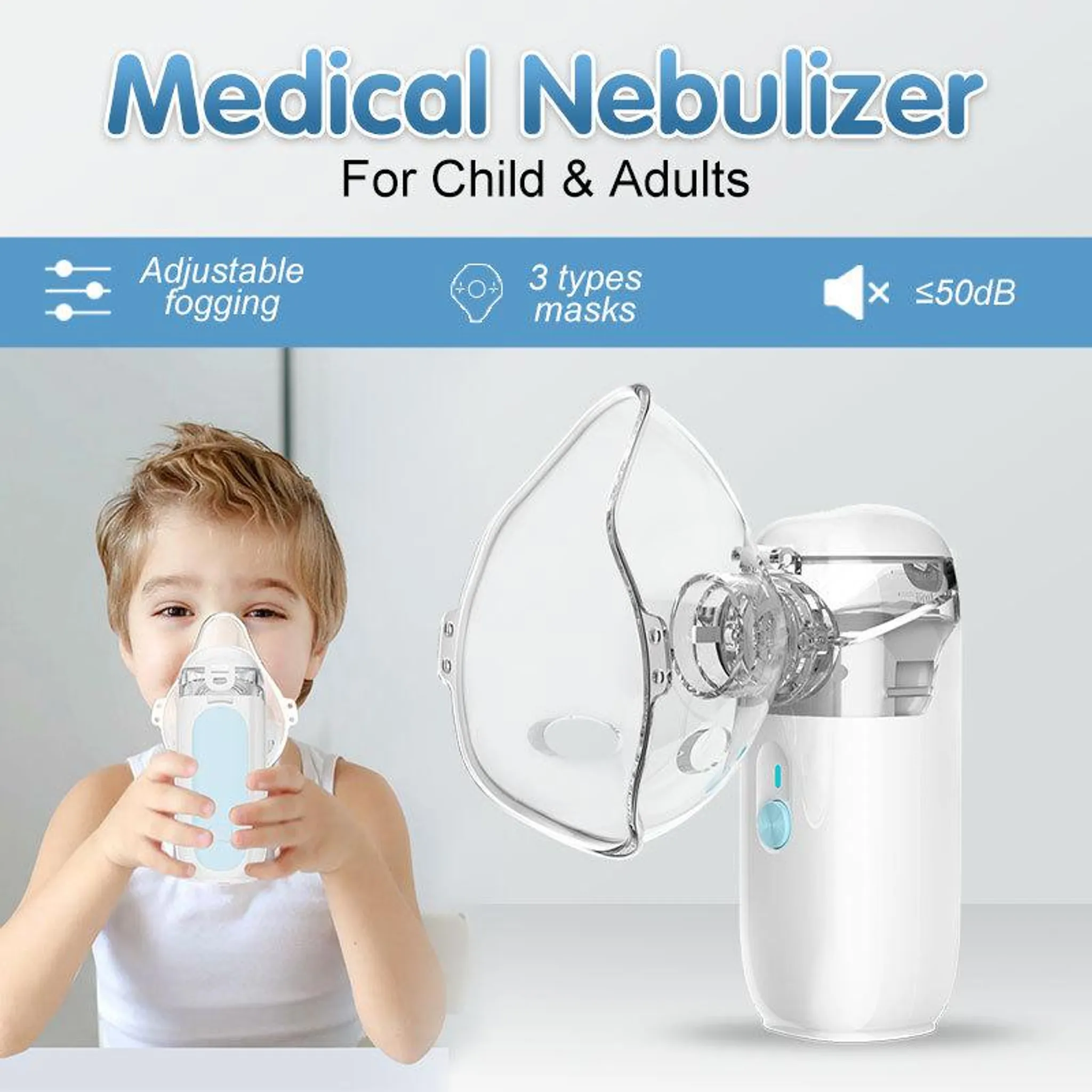 Ein Kind nutzt einen medizinischen Vernebler mit Maske, daneben das Gerät.