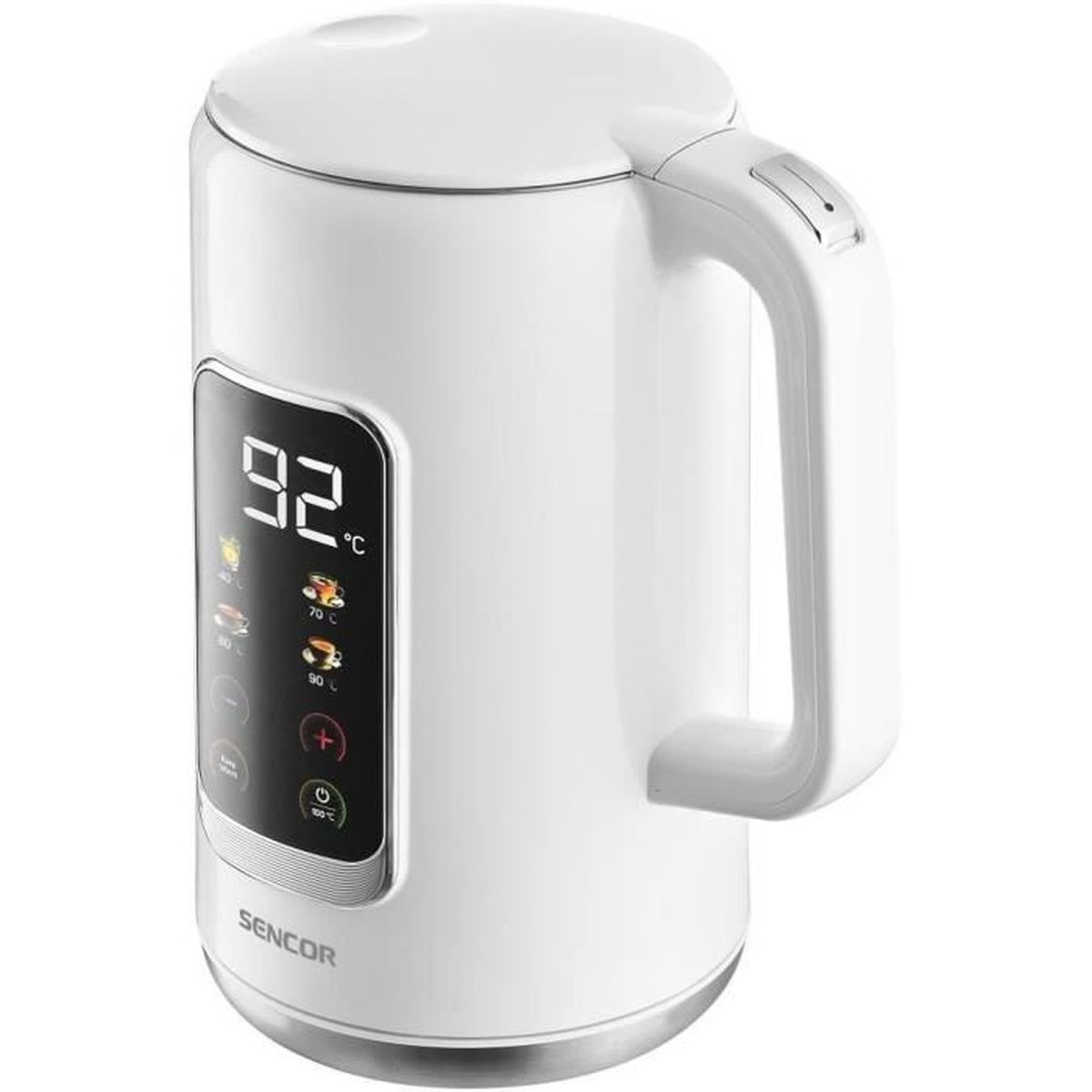 Un moderno bollitore elettrico bianco con display digitale della temperatura e logo Sencor su sfondo bianco.