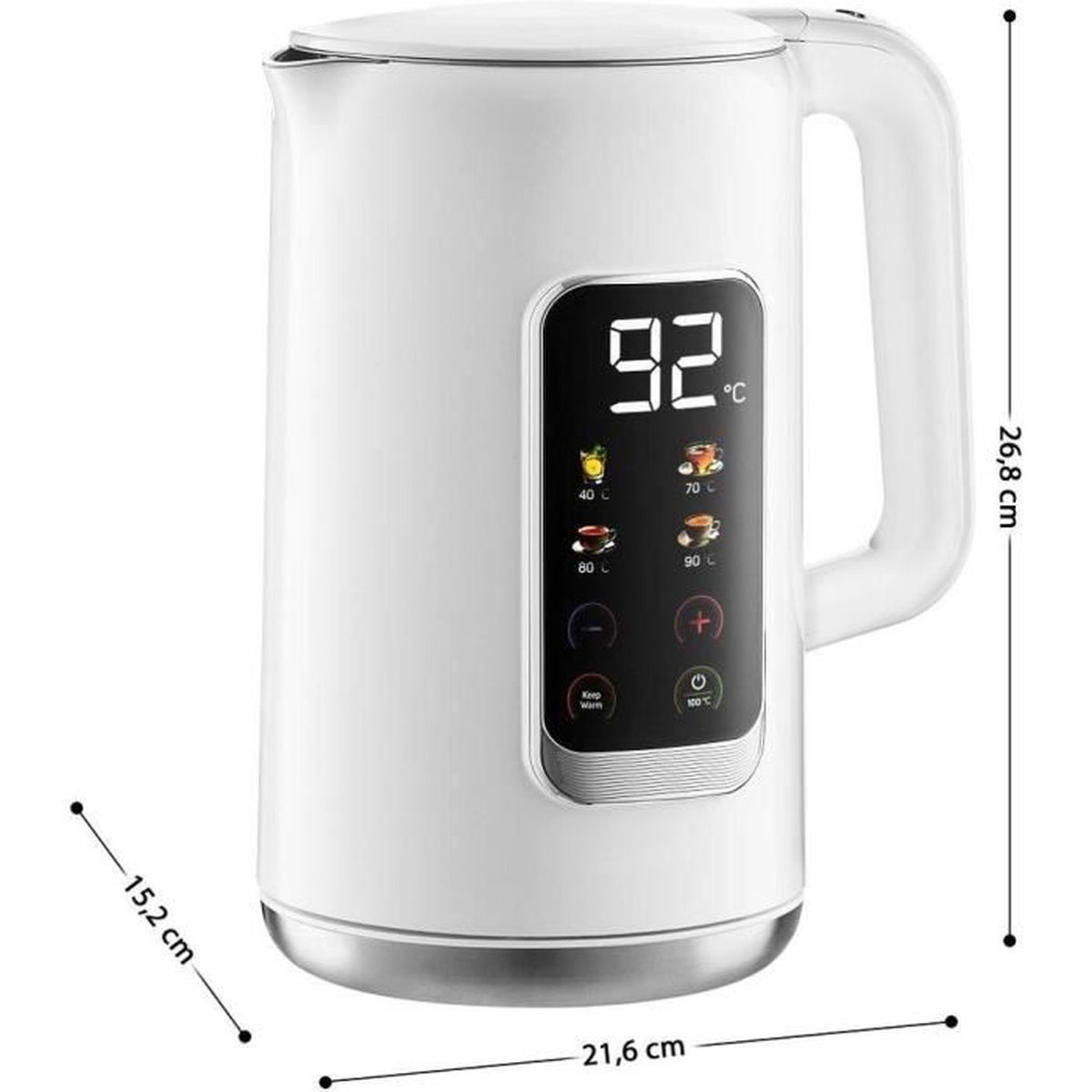 Un bollitore elettrico bianco con display digitale, comandi a sfioramento e misure.