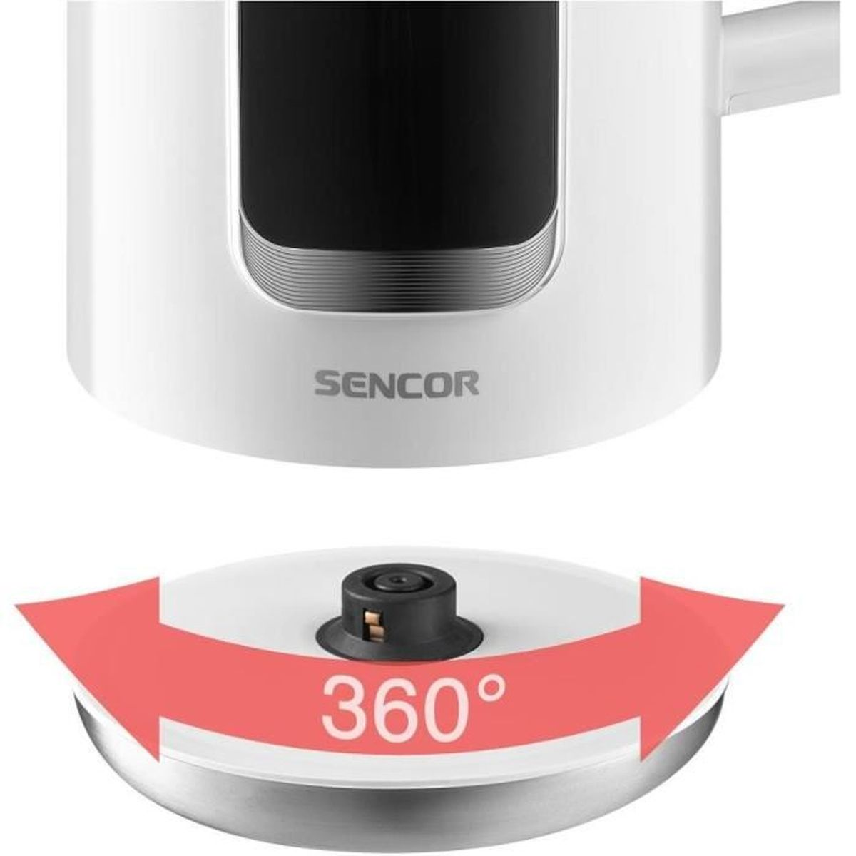 Un bollitore bianco Sencor sopra la sua base a 360 gradi, con frecce rosse.