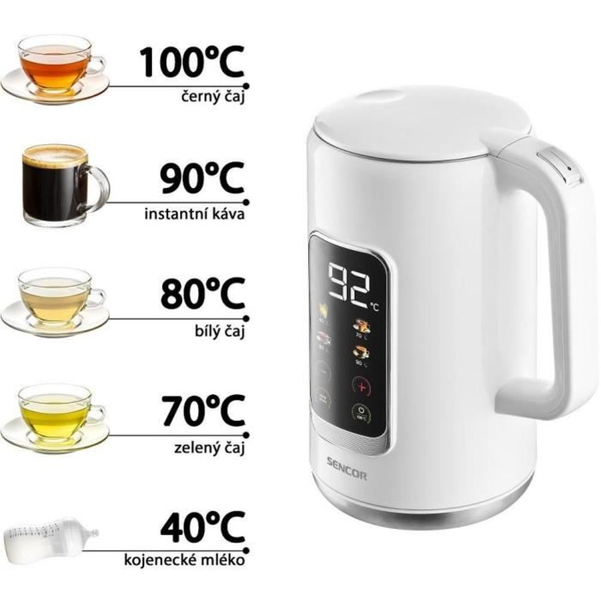Un bollitore elettrico bianco con display digitale della temperatura e icone per le diverse bevande.