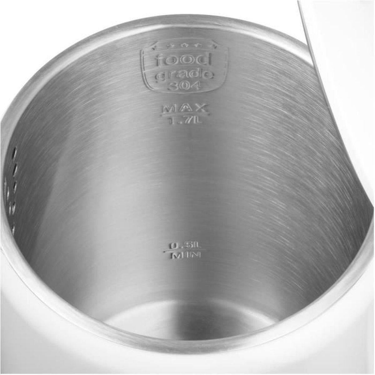 L'interno di un bollitore in acciaio inossidabile argento con contrassegni in rilievo per Max 1.7L, Min 0.5L e Food Grade 304.