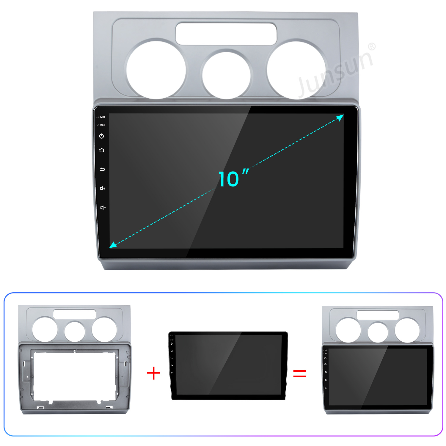 10-Zoll Auto-Radioblende und Display-Einheit mit Installationsschritten.