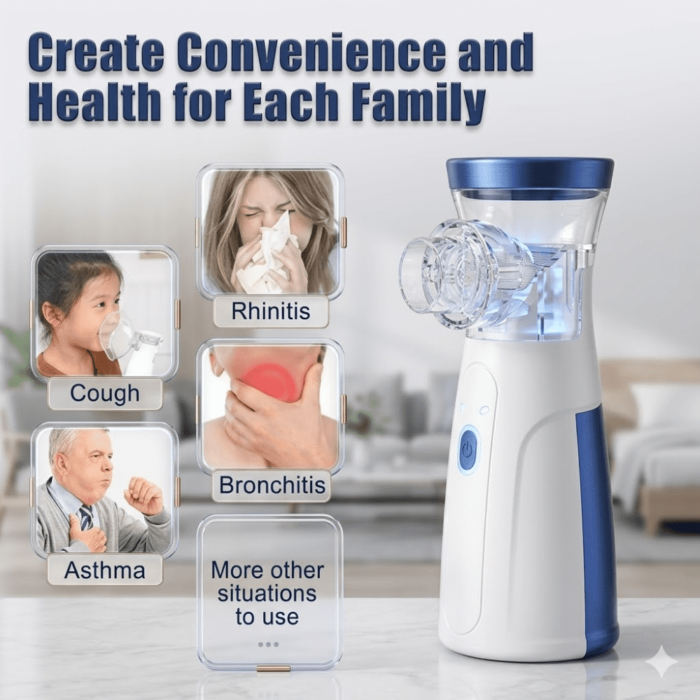 Tragbarer Inhalator rechts, links vier Bilder von Personen mit Husten, Rhinitis, Bronchitis und Asthma.