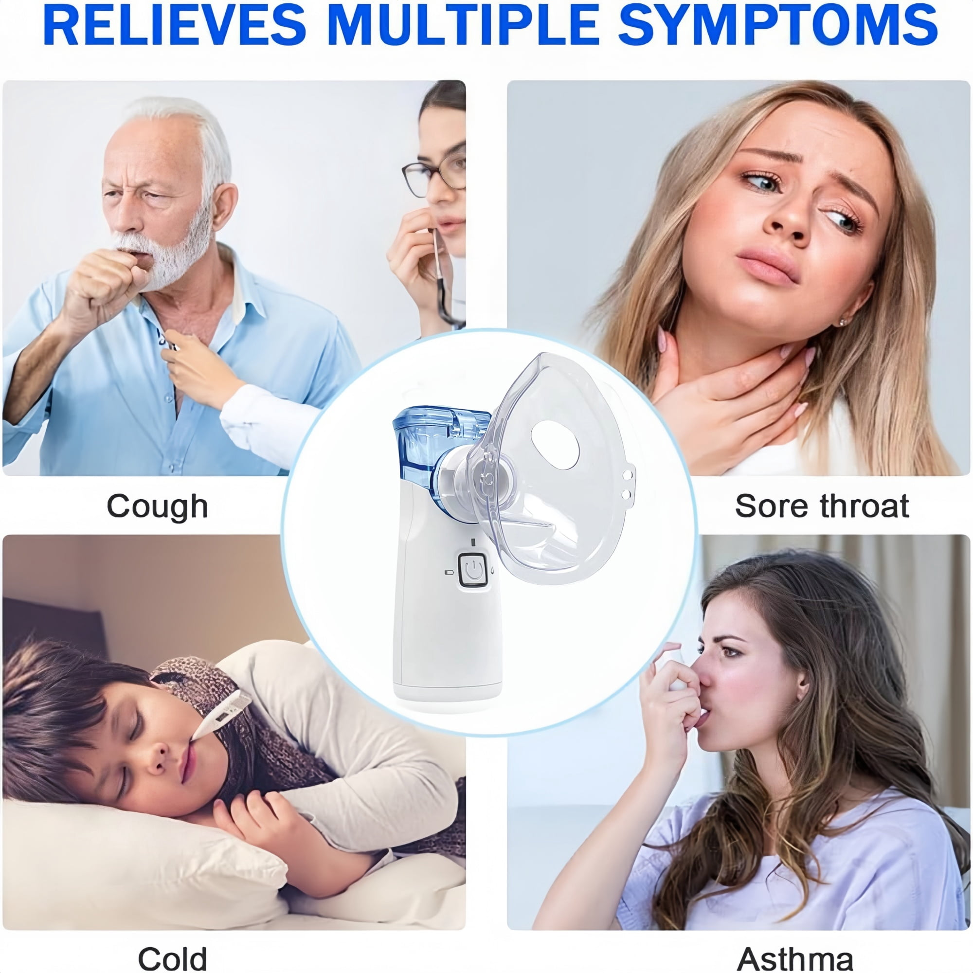 Ein tragbarer Inhalator in der Mitte mit vier Bildern von Menschen, die Husten, Halsschmerzen, Erkältung und Asthma haben.