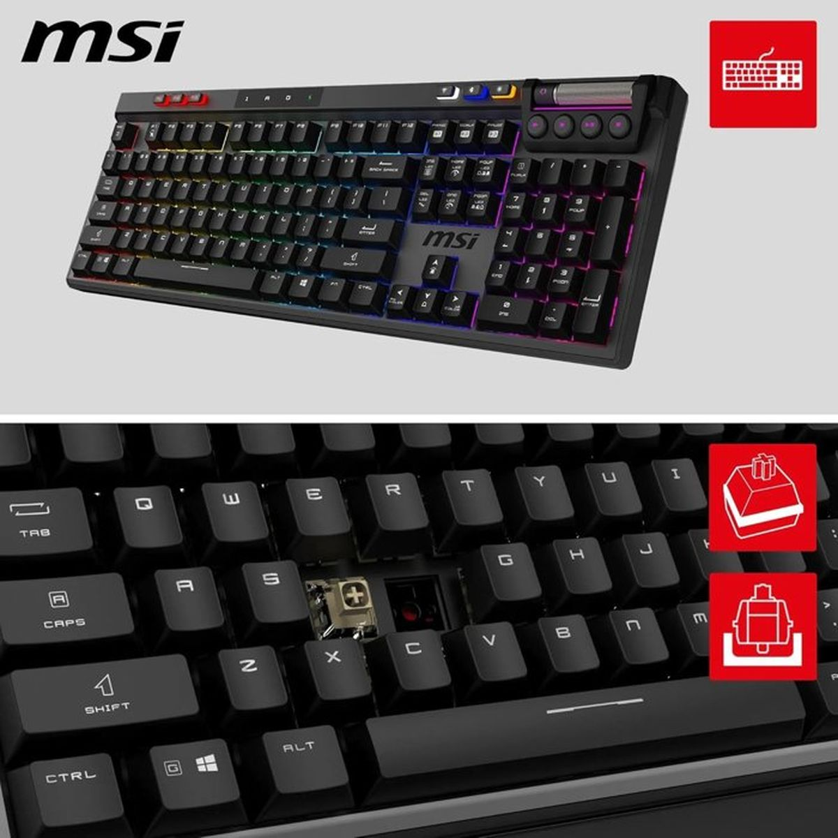MSI-Gaming-Tastatur mit RGB-Hintergrundbeleuchtung, Multimedia-Tasten und Nahaufnahme der mechanischen Schalter.