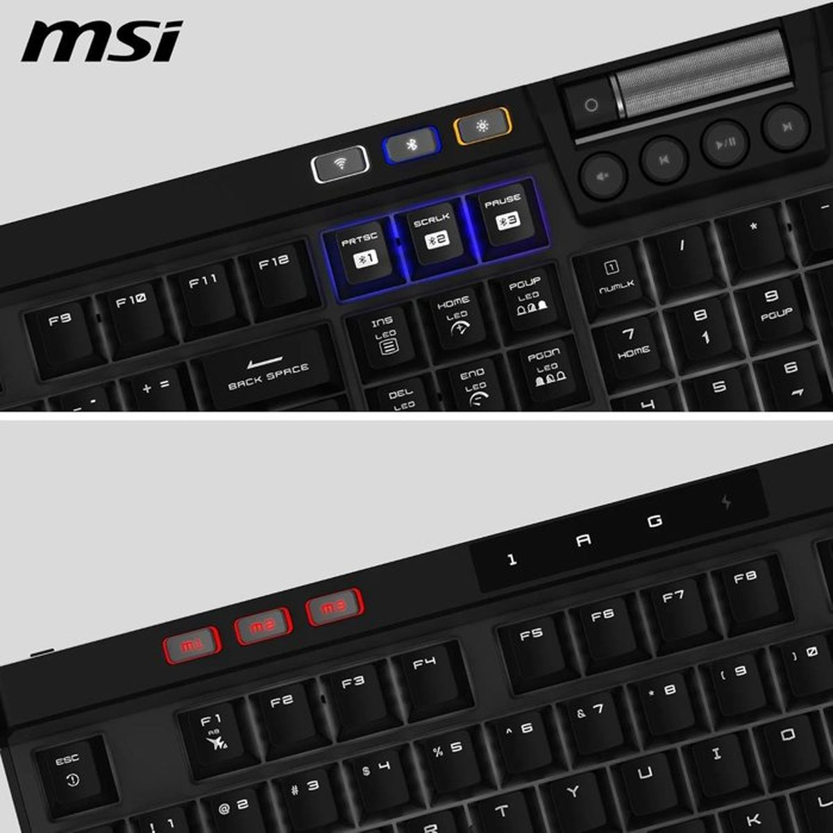 Nahaufnahme einer schwarzen MSI-Tastatur mit beleuchteten Tasten und Multimedia-Reglern.