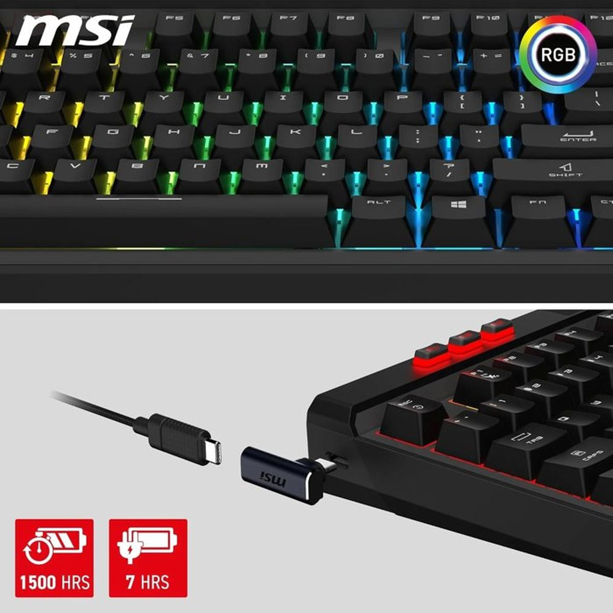 RGB-Tastatur mit Hintergrundbeleuchtung und USB-C-Kabelanschluss.