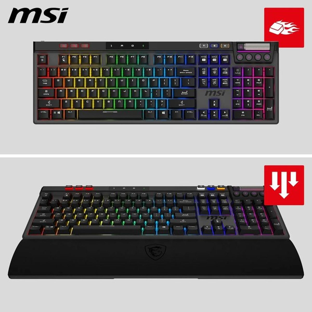 MSI-Gaming-Tastatur mit RGB-Hintergrundbeleuchtung, oben flach und unten mit Handballenauflage.