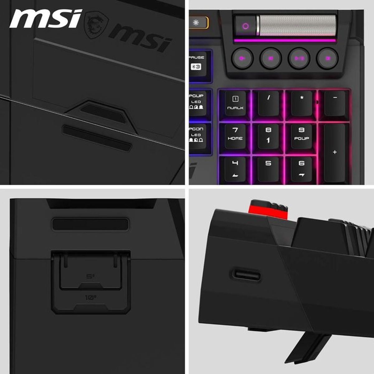 Vier Detailaufnahmen einer schwarzen MSI-Tastatur, die die Beleuchtung, Tasten und Anschlüsse zeigen.