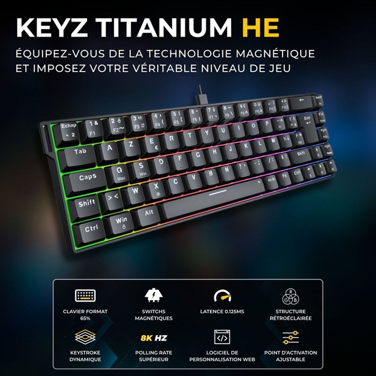 Schwarze Keyz Titanium HE Gaming-Tastatur mit RGB-Beleuchtung und Funktionen wie Magnetschaltern.