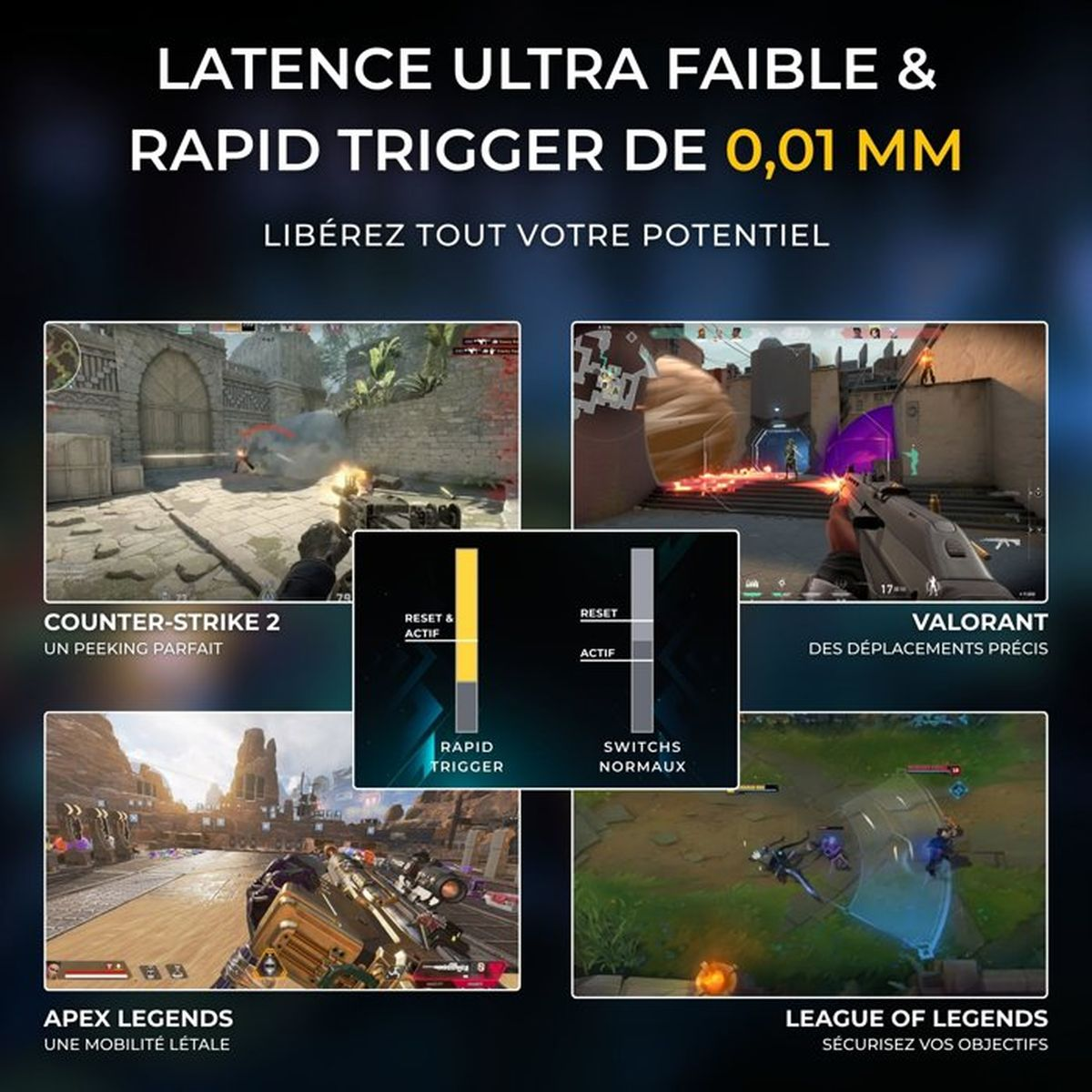 Gaming-Werbung mit ultraschneller Latenz und Rapid-Trigger-Technologie für Spiele wie Counter-Strike und Valorant.