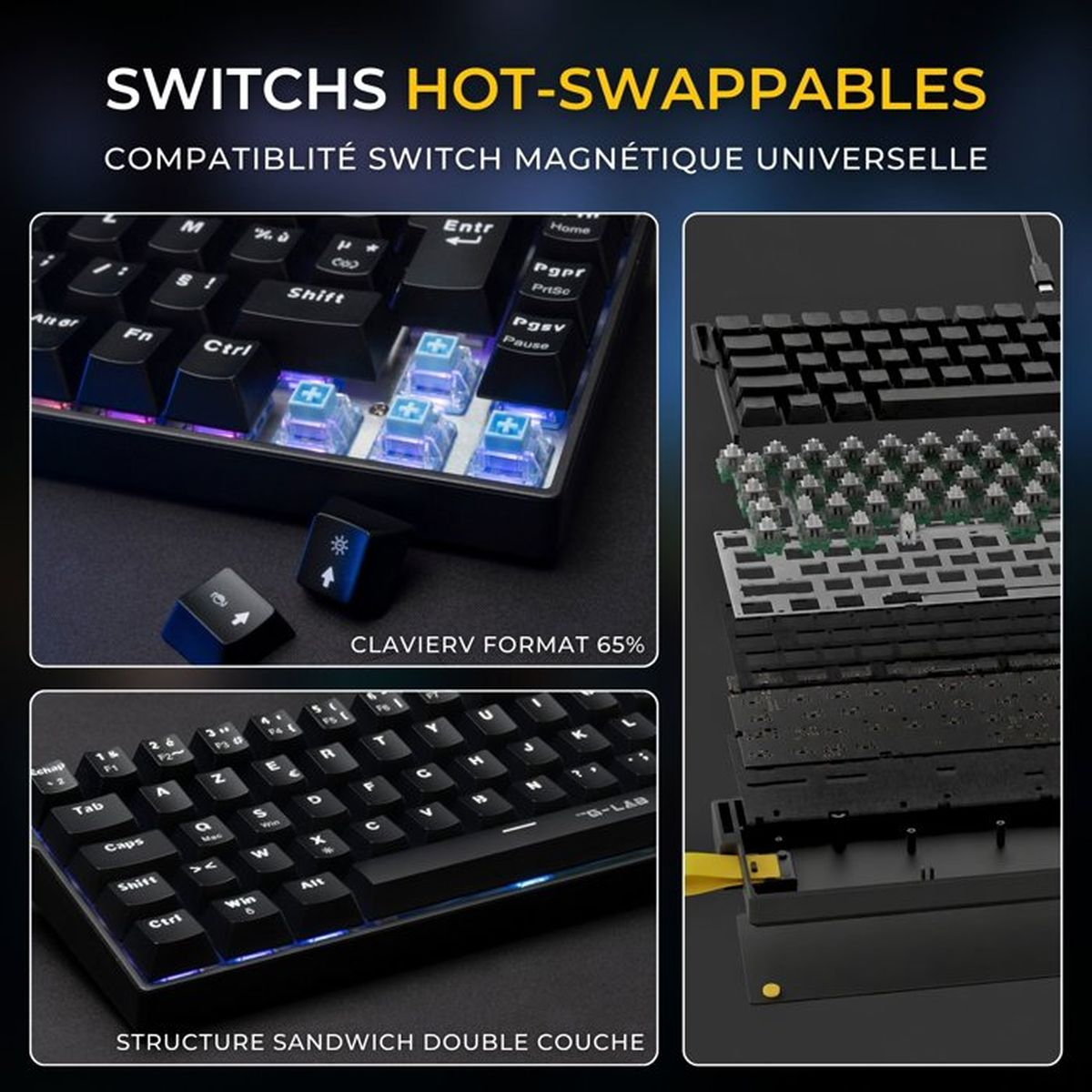 Hot-swappable 65% Tastatur mit beleuchteten Schaltern und Explosionsansicht der internen Struktur.