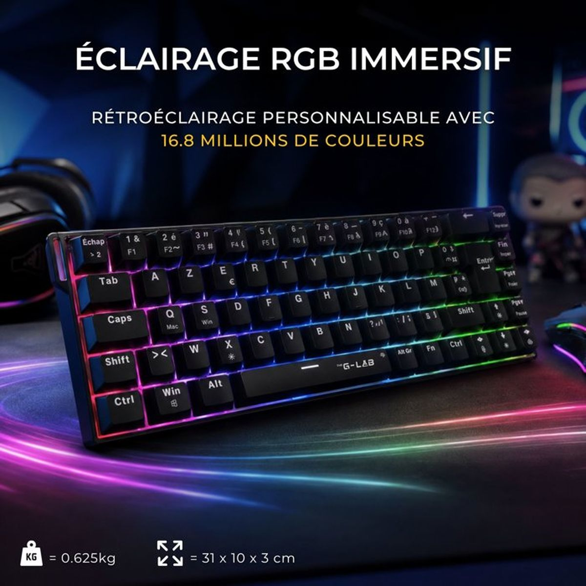 Eine schwarze AZERTY-Gaming-Tastatur mit lebendiger RGB-Beleuchtung auf einem Schreibtisch mit Neonlichtstreifen.
