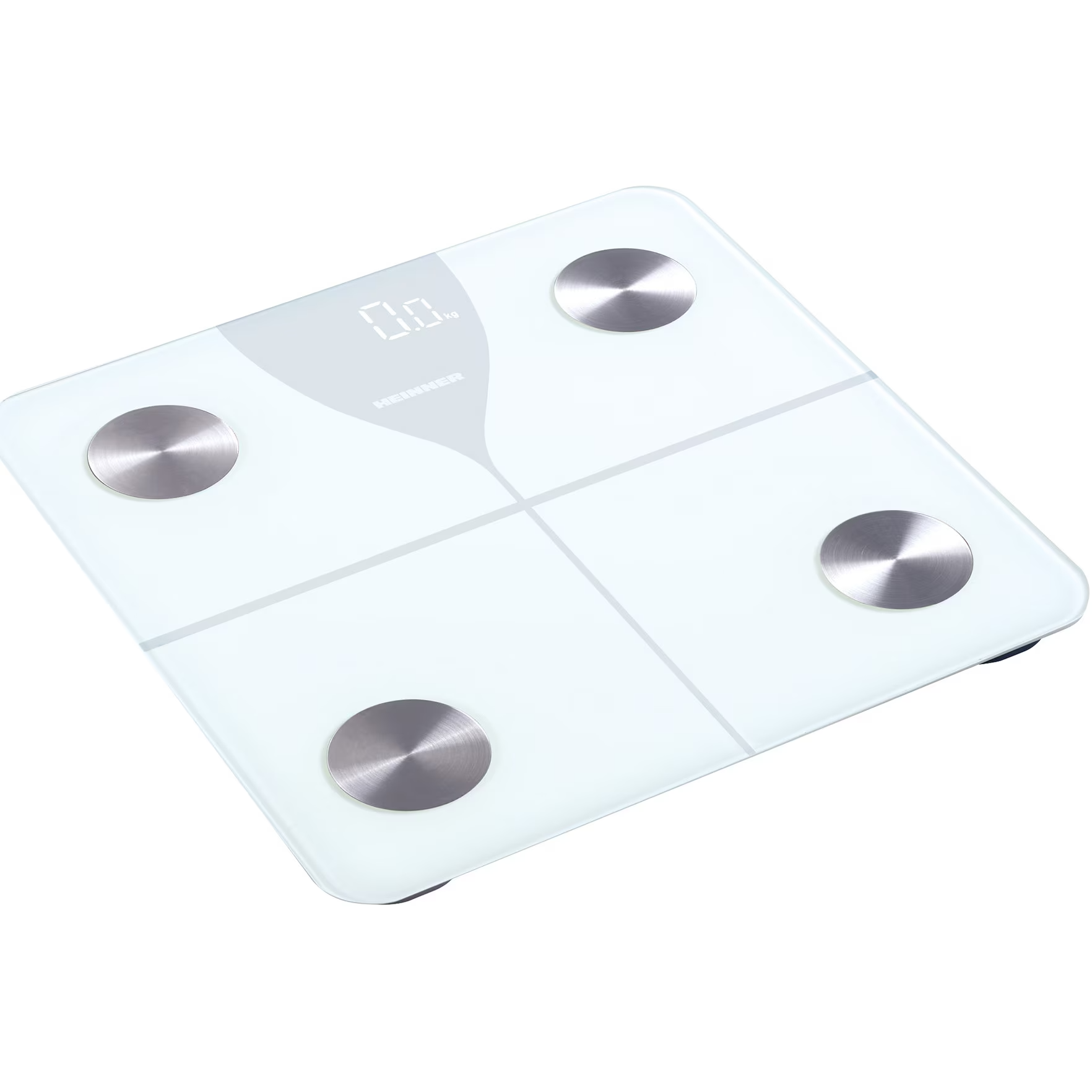 Pèse-personne numérique en verre blanc avec quatre contacts ronds en acier inoxydable et écran LCD sur fond blanc.