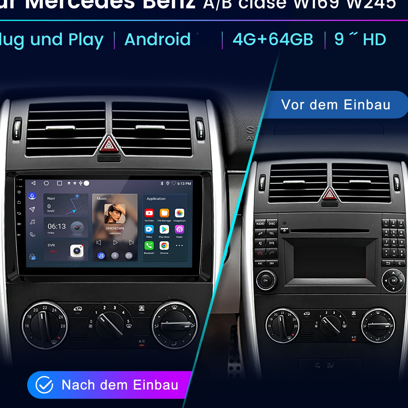 Vergleich zweier Armaturenbretter: Vor und nach dem Einbau eines modernen Android-Autoradios mit HD-Touchscreen.