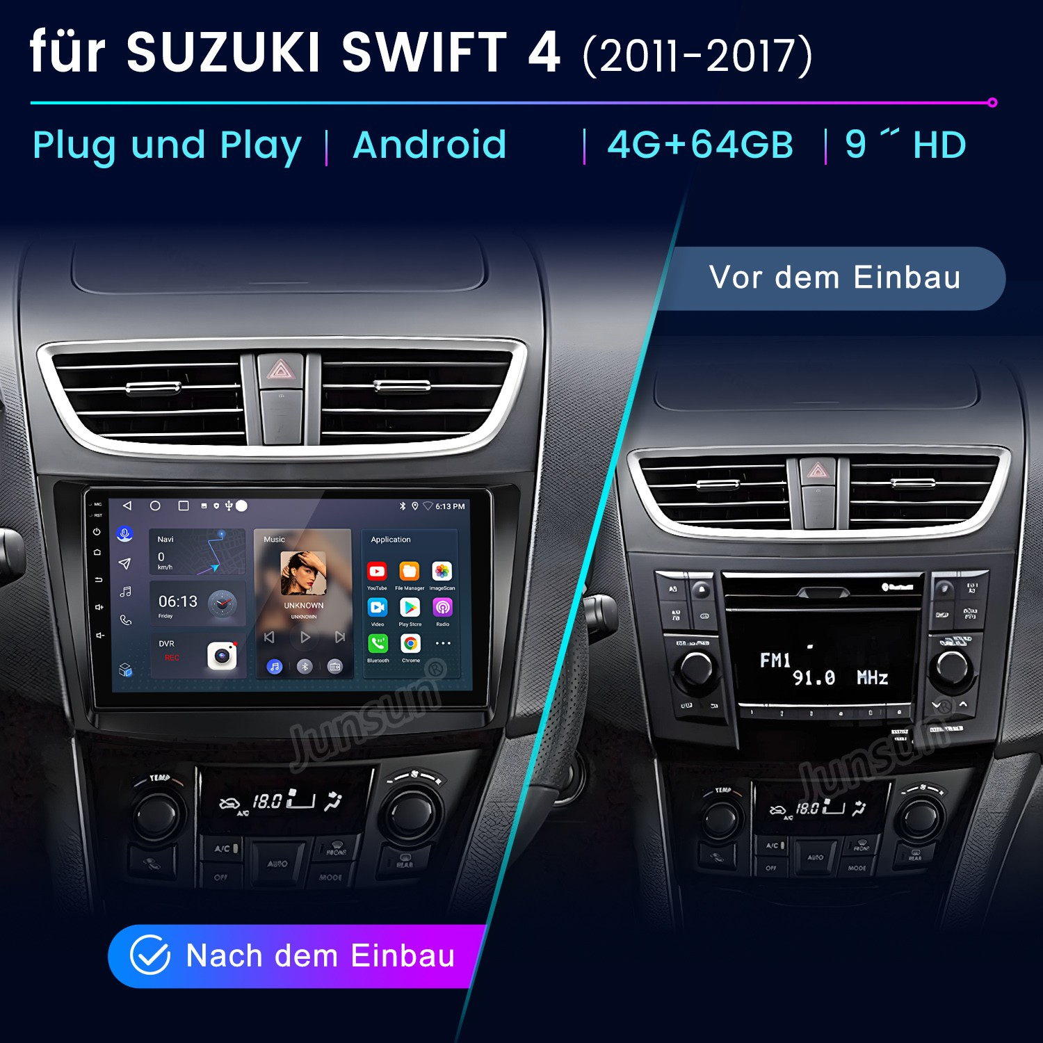 Vergleich Suzuki Swift Konsole vor und nach dem Einbau eines Android-Multimediasystems.