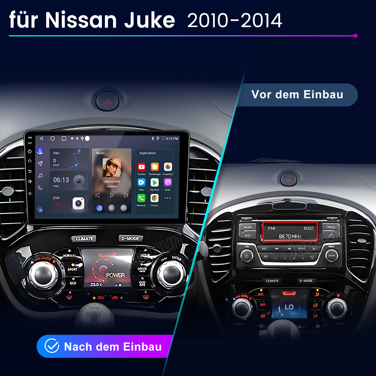 Vergleich Nissan Juke Radio vor und nach dem Einbau eines neuen Touchscreen-Monitors.