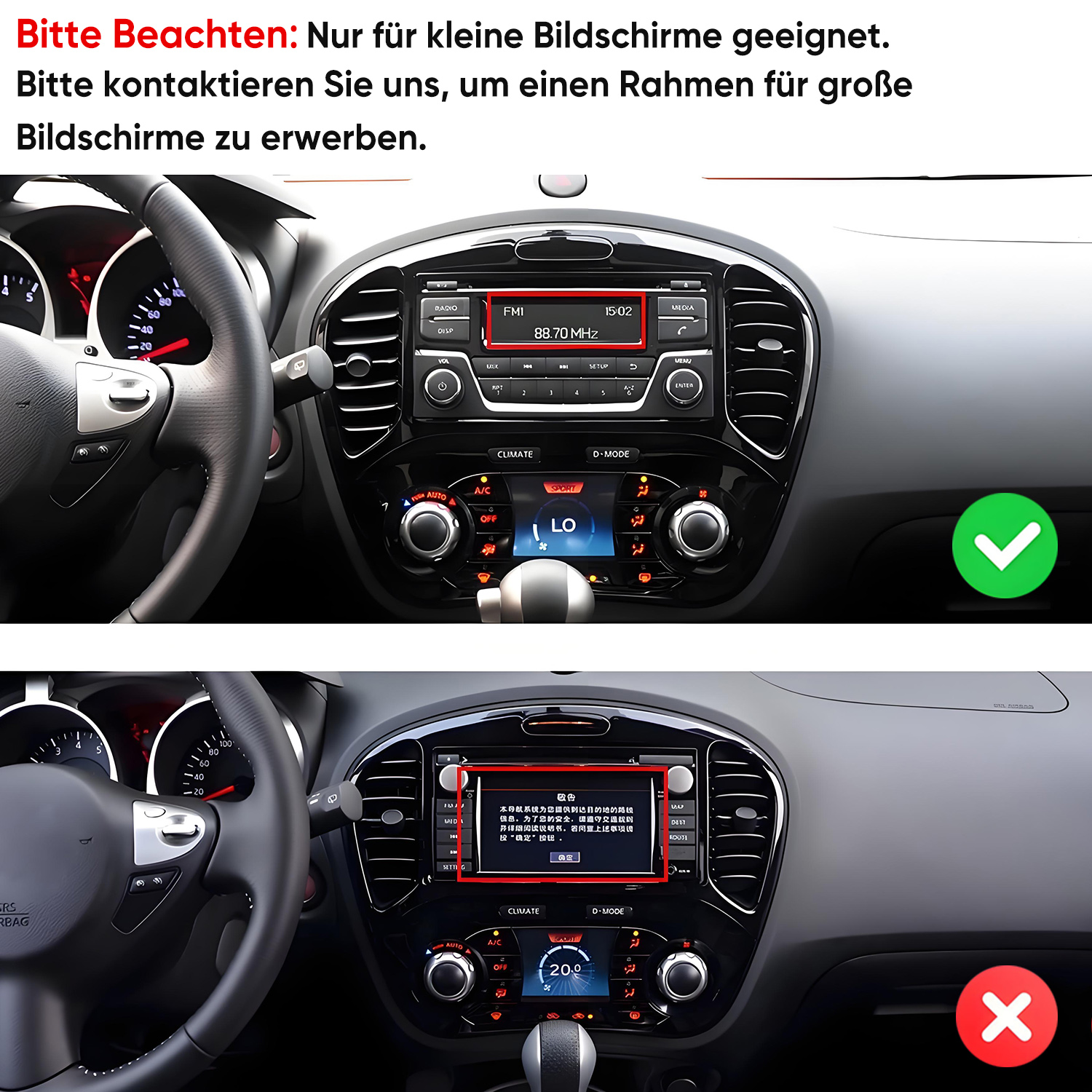 Autocockpit zeigt einen kleinen Bildschirm mit Häkchen und einen mit rotem Kreuz zur Verdeutlichung.
