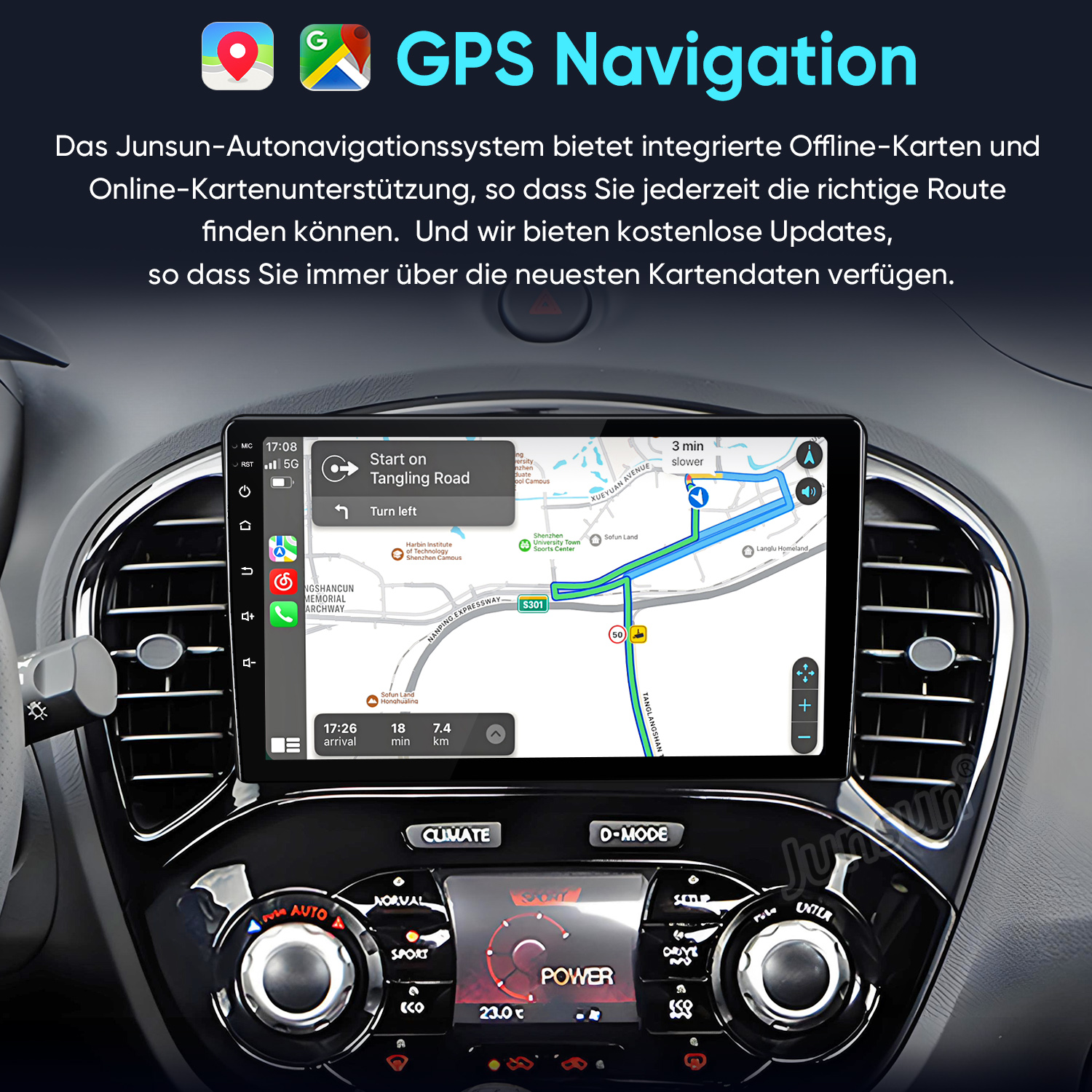 GPS-Navigationsbildschirm im Auto mit Routenkarte und Infotainment-Symbolen.