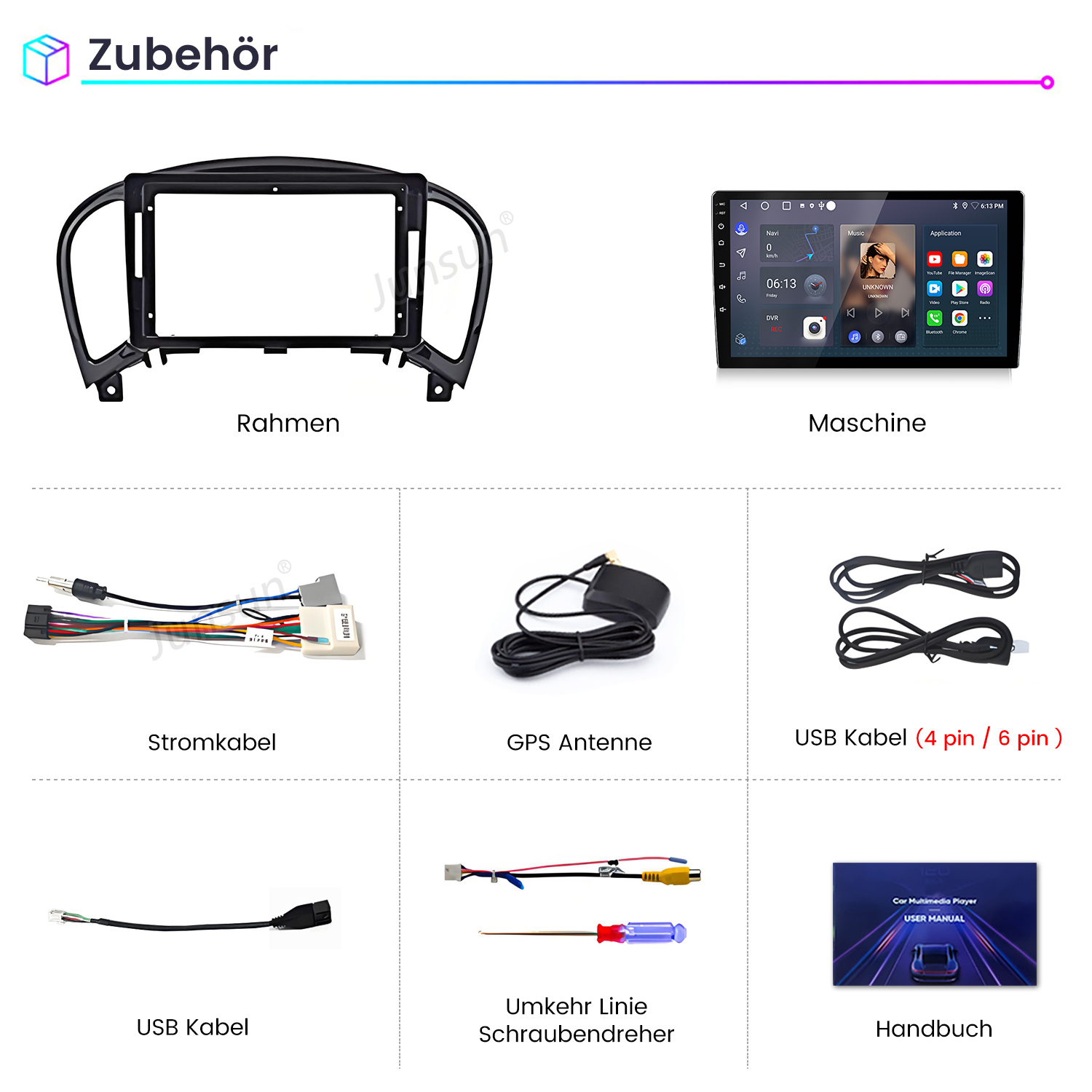 Auto-Multimedia-Zubehörteile einschließlich Rahmen, Display, Kabel, GPS-Antenne, Schraubendreher und Handbuch.