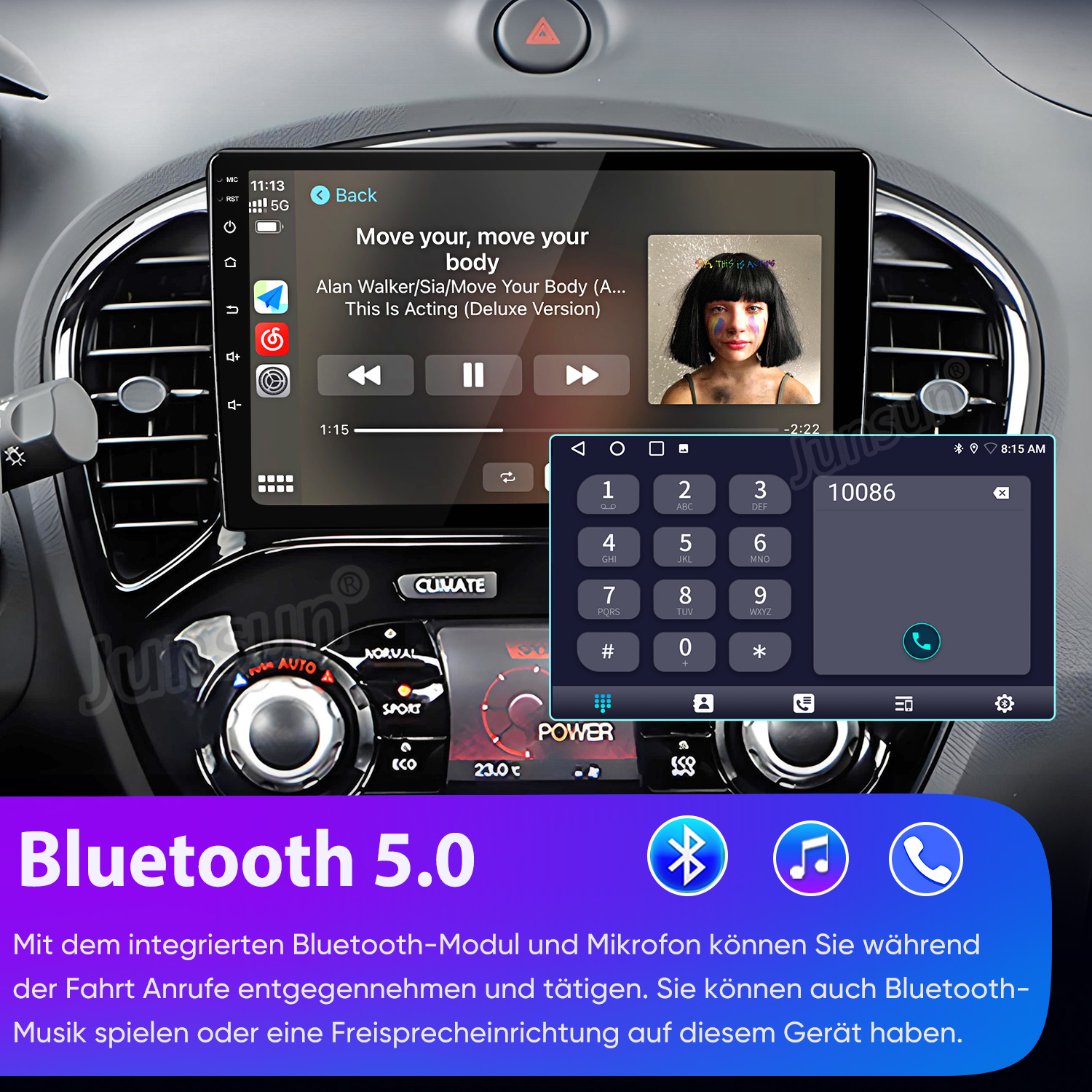 Ein Car-Display zeigt Musikwiedergabe und Ziffernblock, mit Text über Bluetooth 5.0.