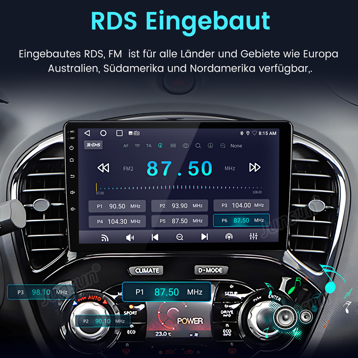 Autoradio mit großem Touchscreen, FM-Radioanzeige und integriertem RDS in einem Autocockpit.