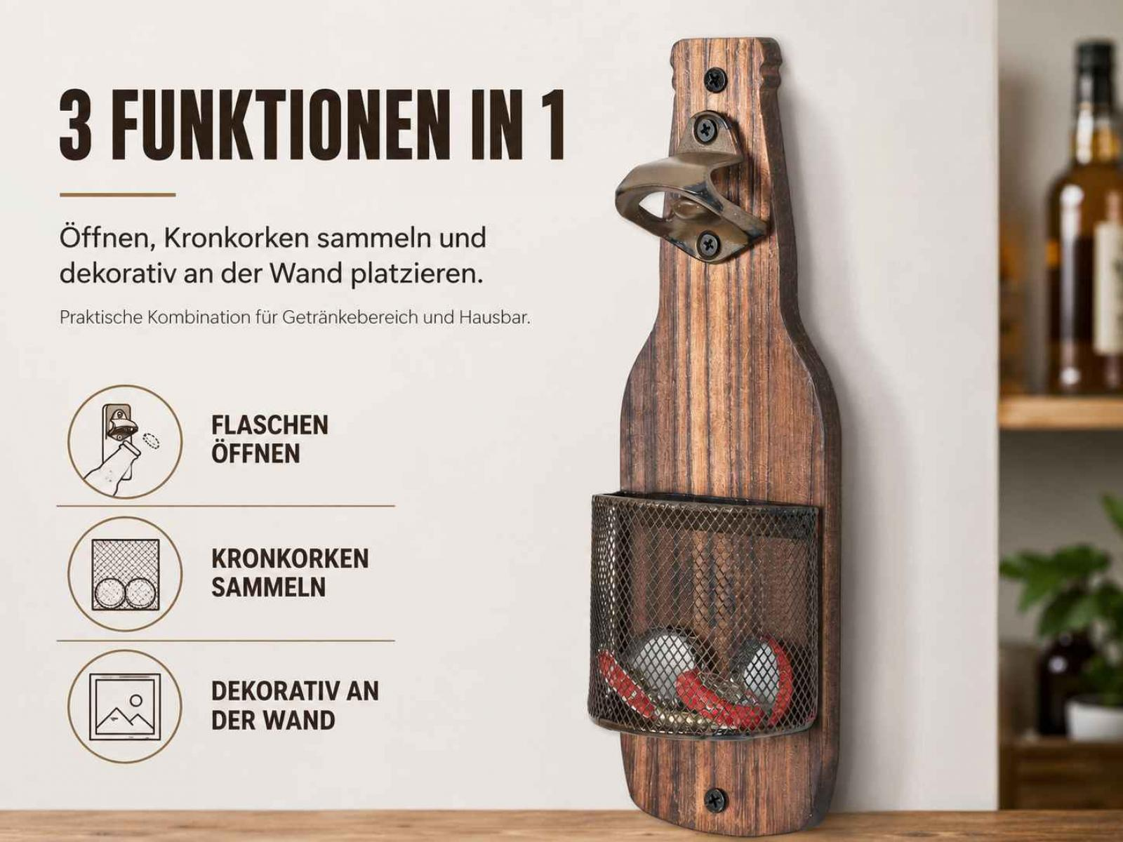 Wandmontierter Flaschenöffner aus Holz mit Metallkorb und Text über drei Funktionen.