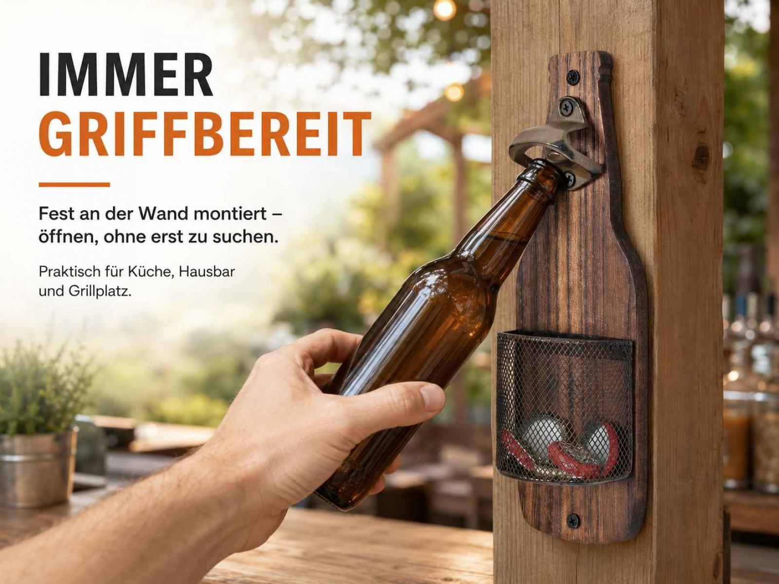 Eine Hand öffnet eine Glasflasche an einem hölzernen Wandflaschenöffner mit Auffangkorb.