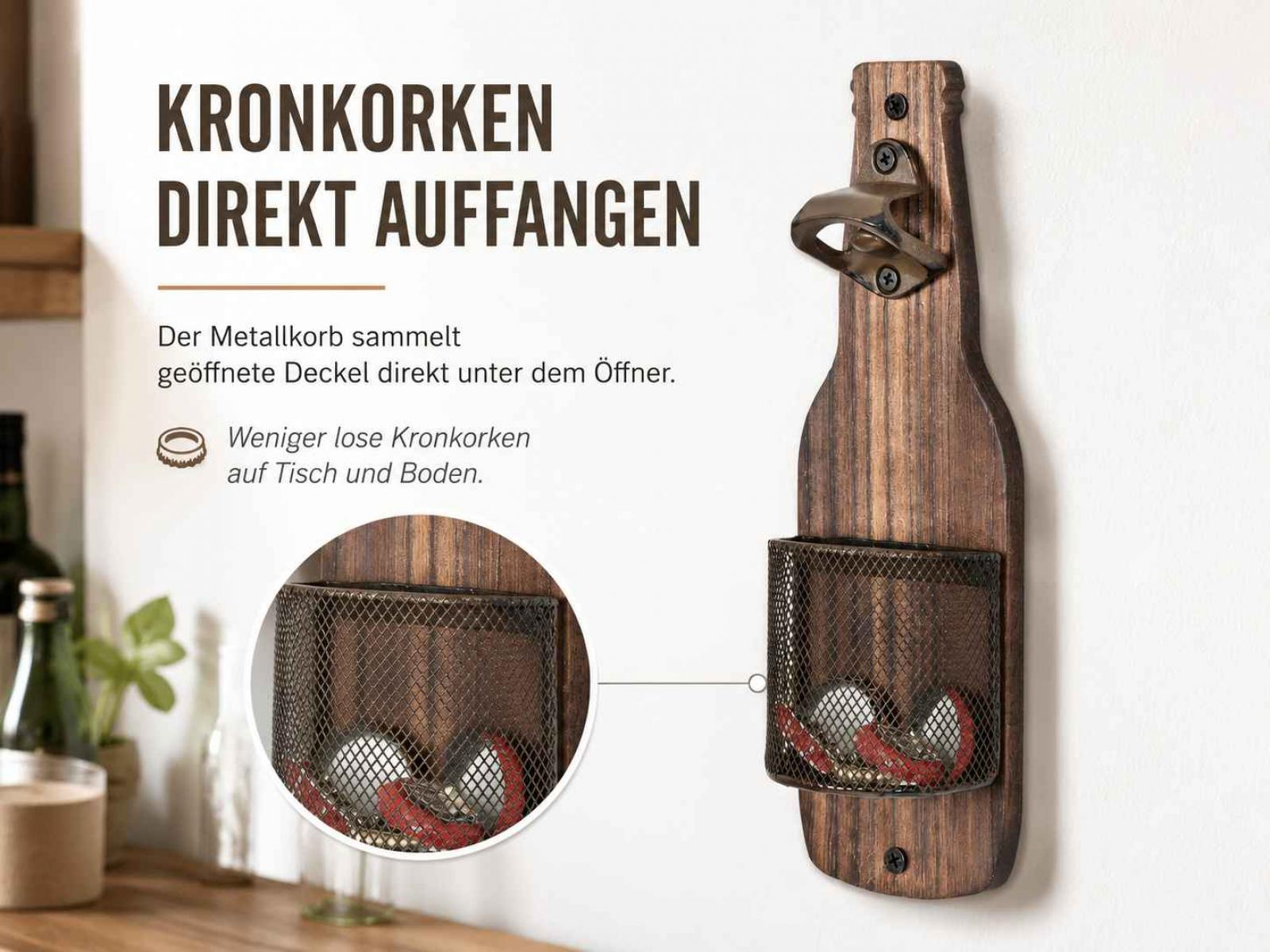 Wandflaschenöffner aus Holz mit Metallkorb zum Auffangen von Kronkorken, mit deutschem Werbetext.