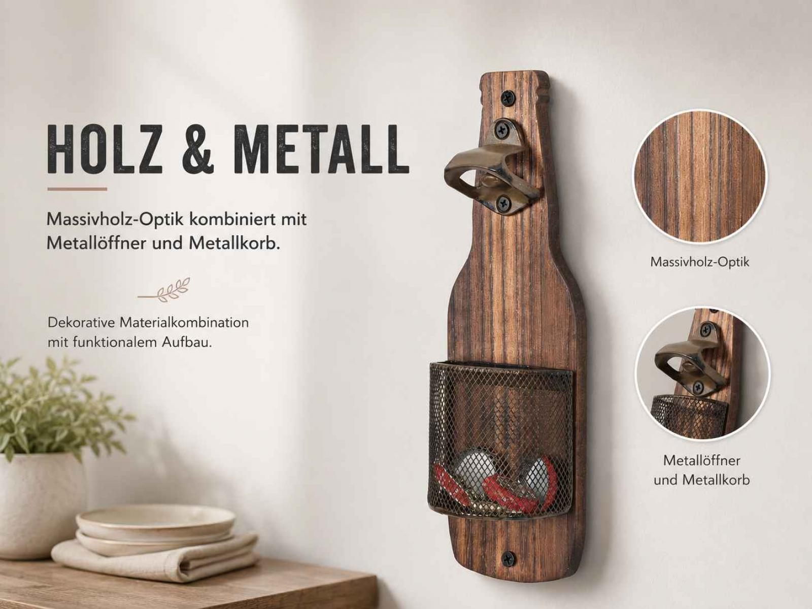 Wand-Flaschenöffner aus Holz mit Metallkorb für Kronkorken, deutscher Text.