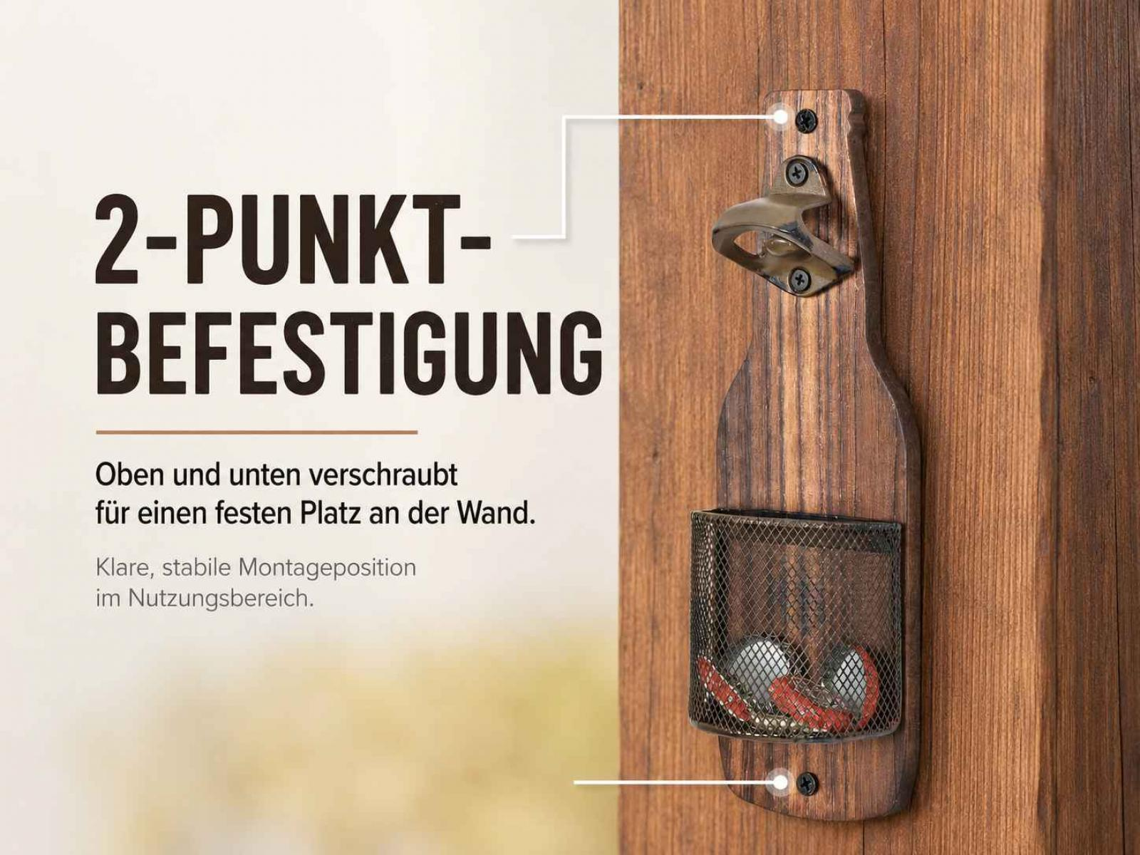 Wandmontierter Flaschenöffner aus Holz mit integriertem Metallkorb und deutscher Textgrafik.