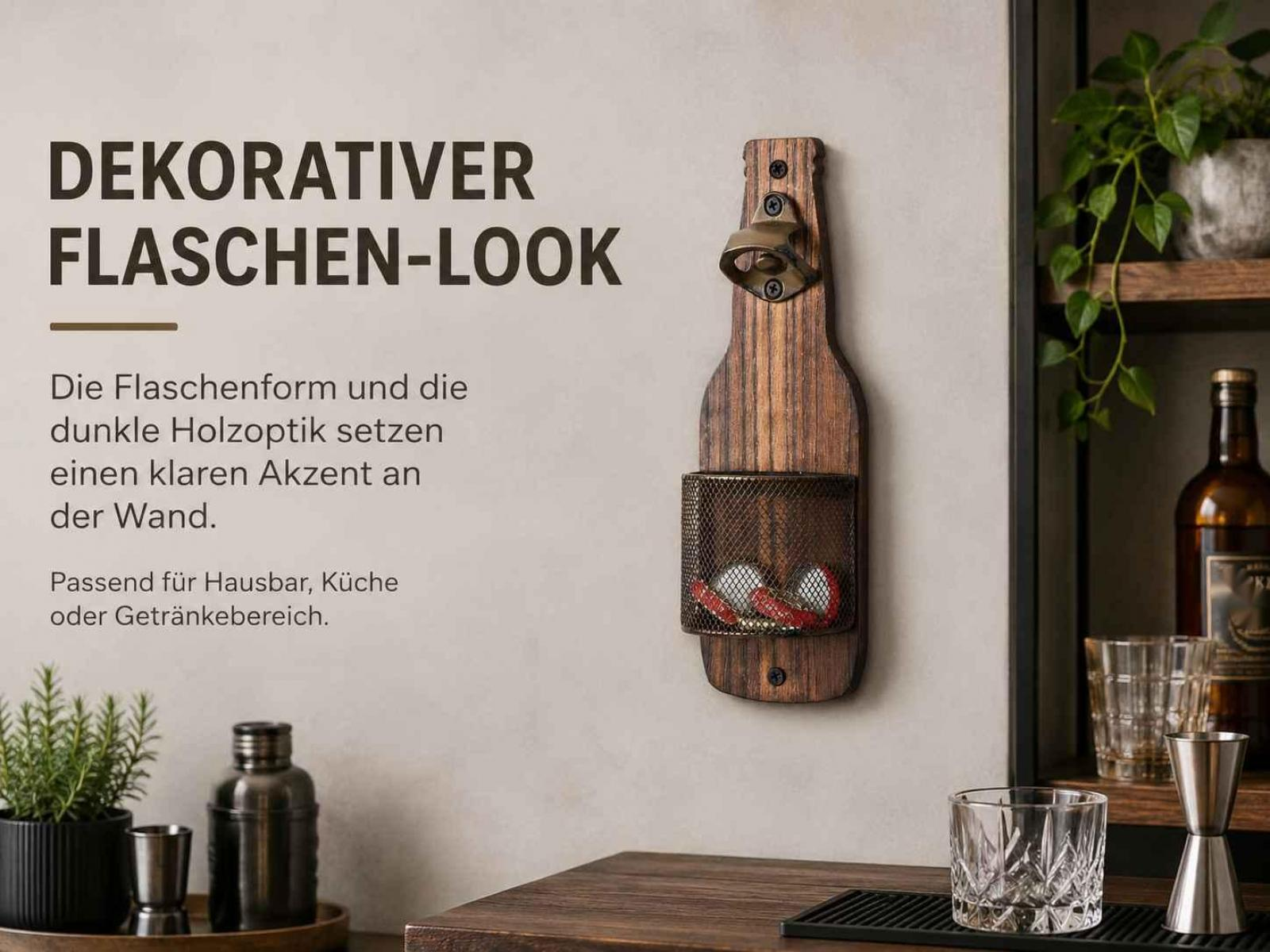Wandmontierter Flaschenöffner aus Holz mit Metallkorb und deutschen Werbetexten.