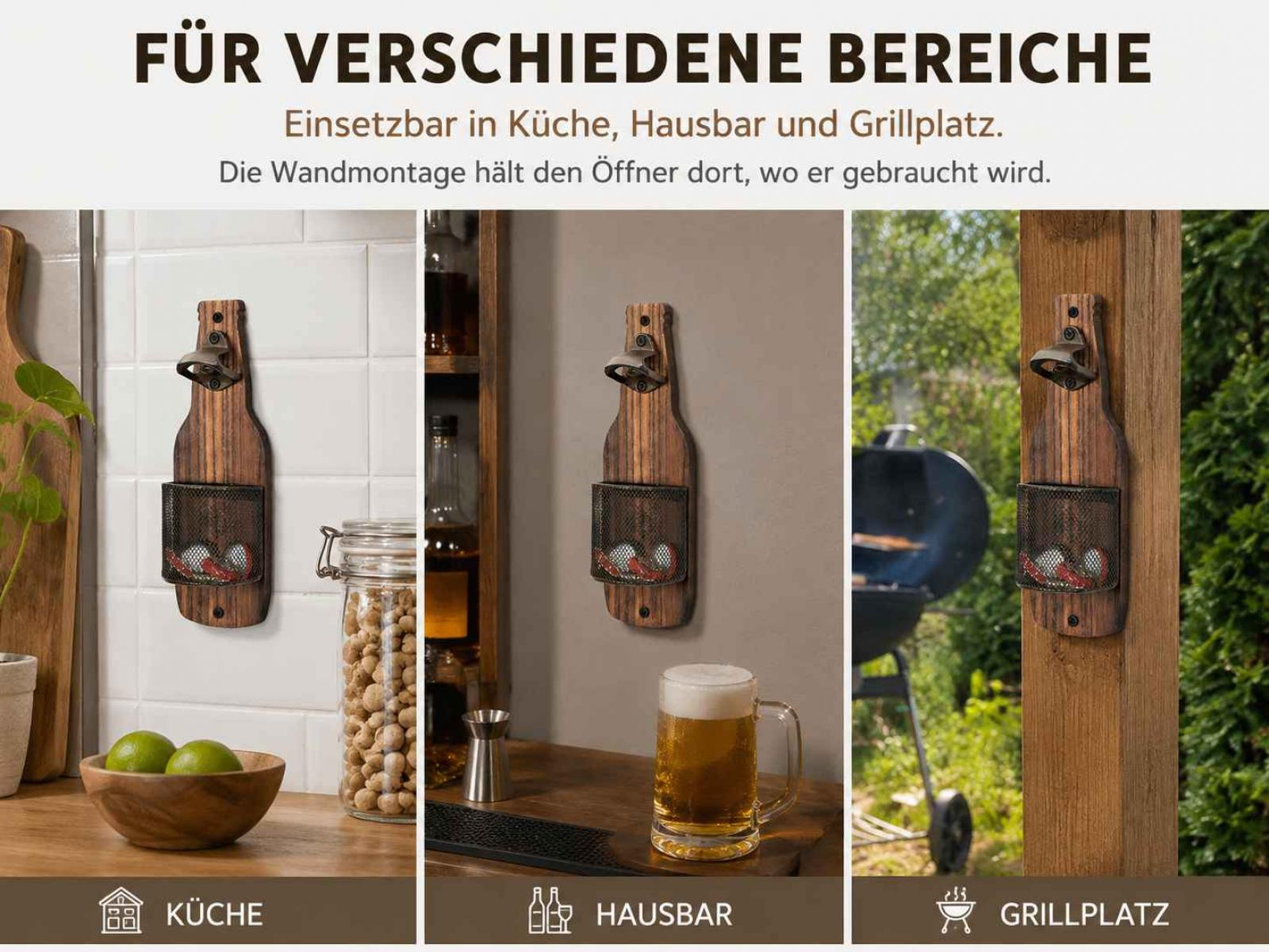 Wandmontierter Holzflaschenöffner mit Metallkorb, gezeigt in Küche, Hausbar und am Grillplatz.