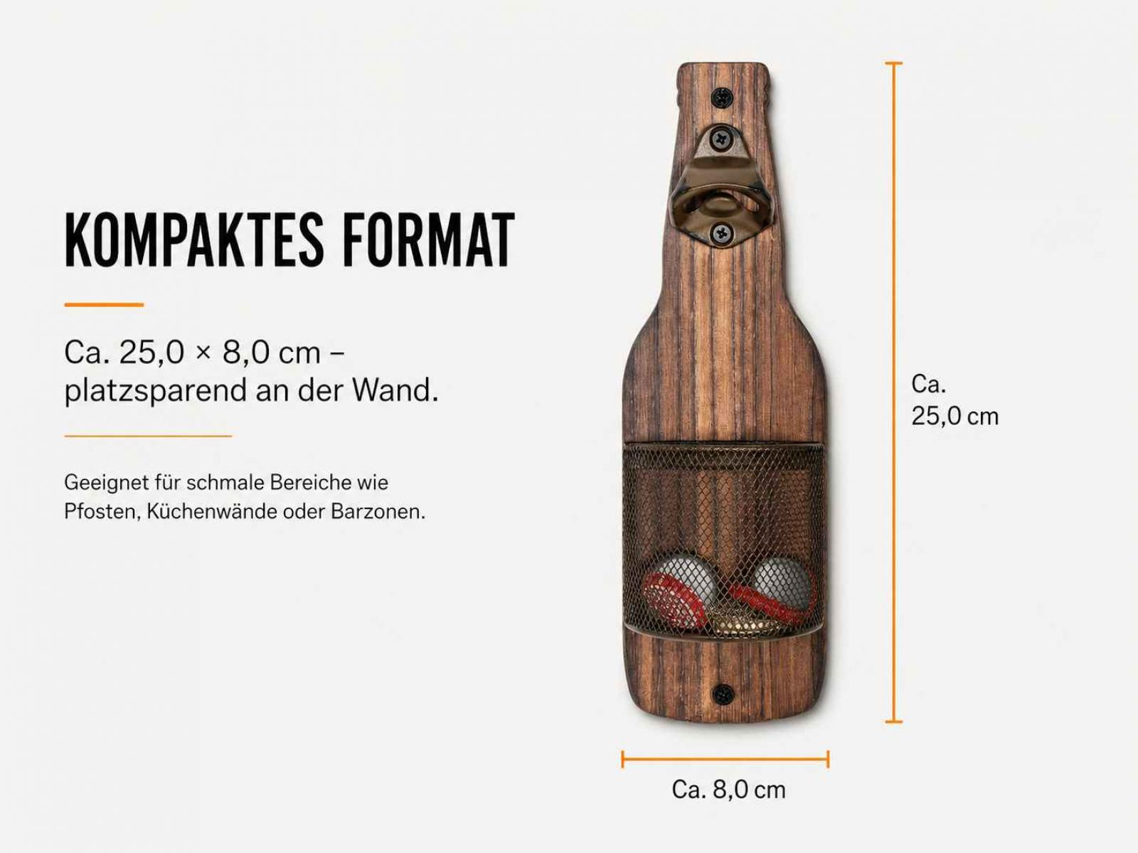 Wandflaschenöffner in Flaschenform aus Holz mit Netz und Maßen von ca. 25x8 cm, Text in deutscher Sprache.
