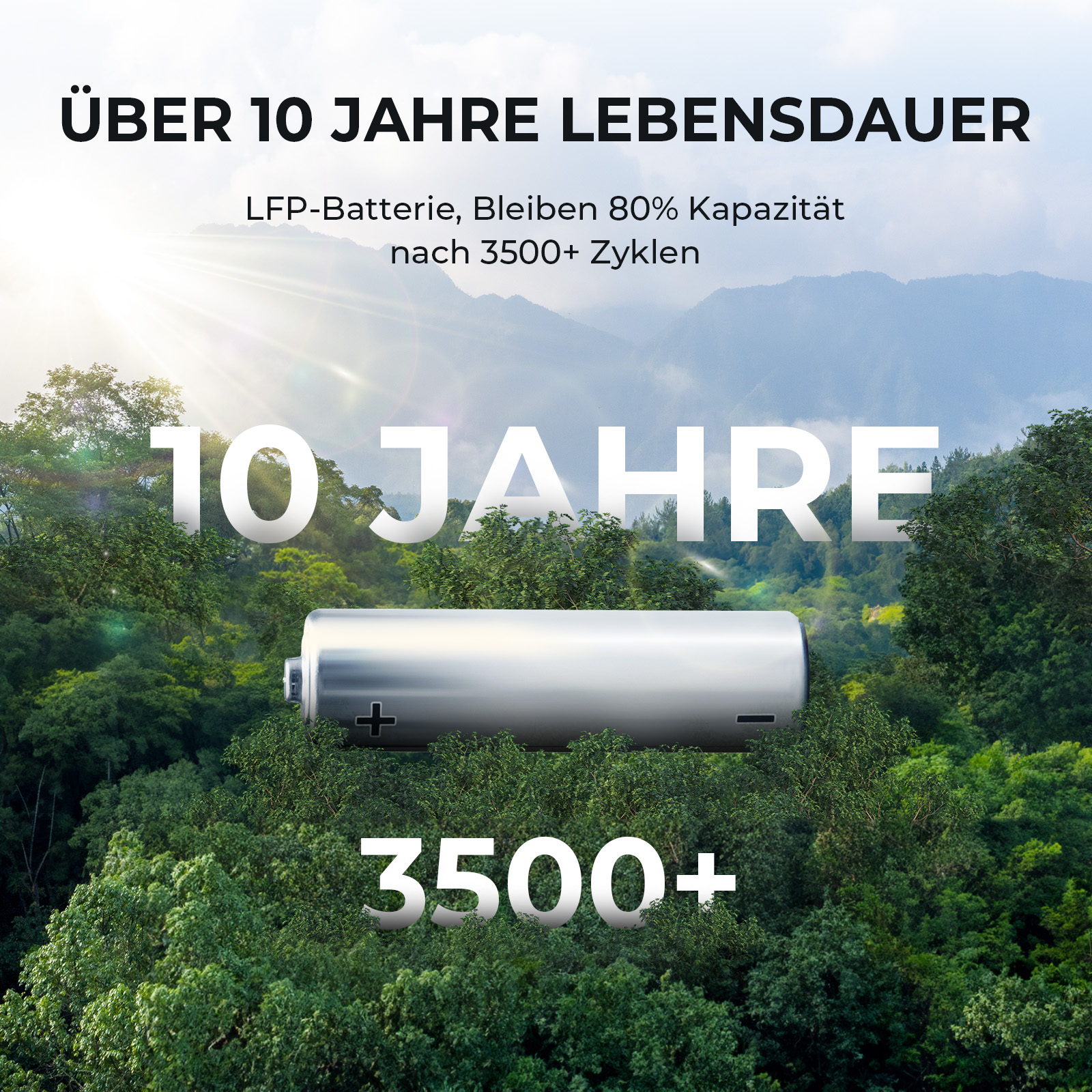 Eine silberne Batterie über einem üppigen grünen Wald mit Bergen und deutschem Werbetext.
