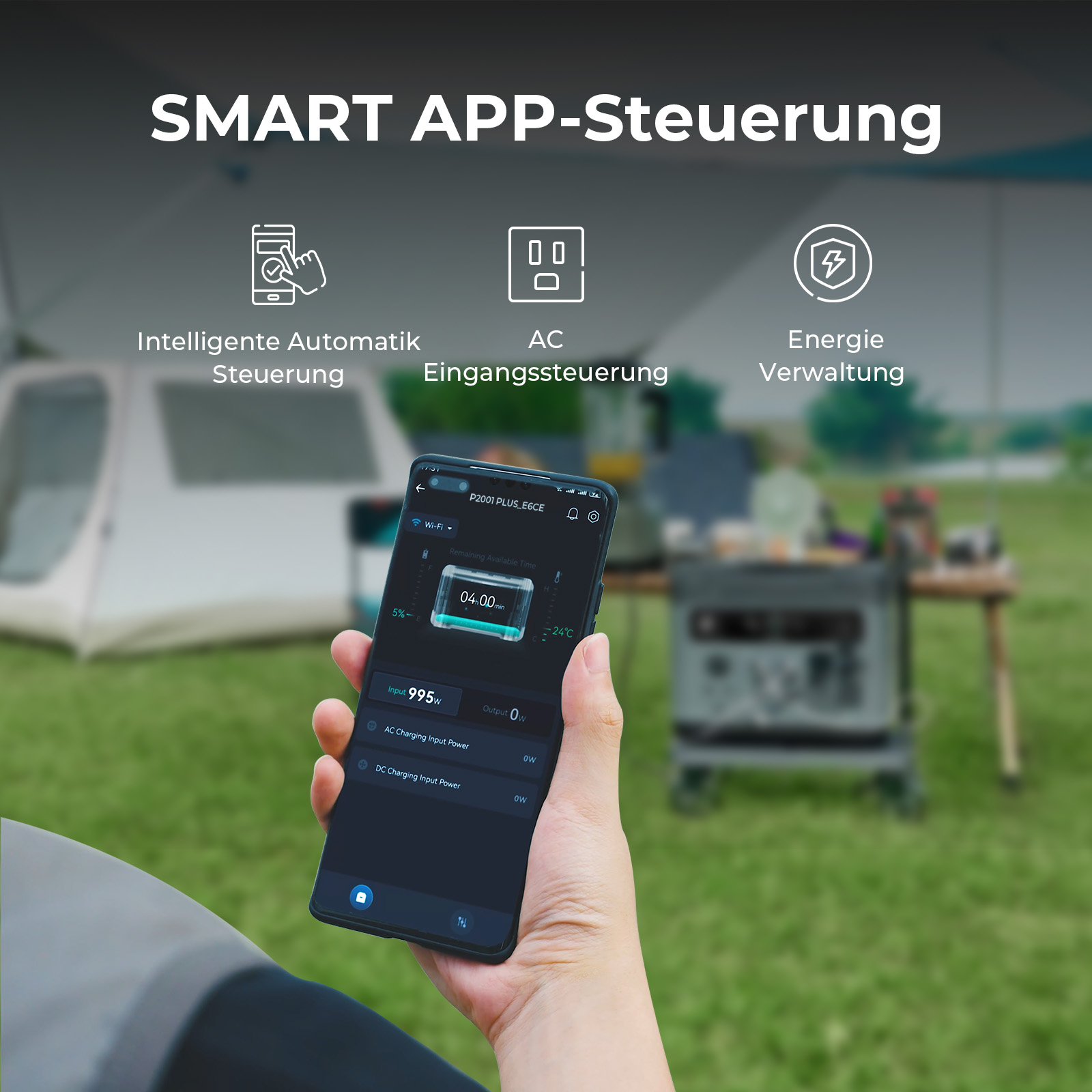 Hand hält Smartphone mit App zur Smart-App-Steuerung vor verschwommenem Hintergrund.
