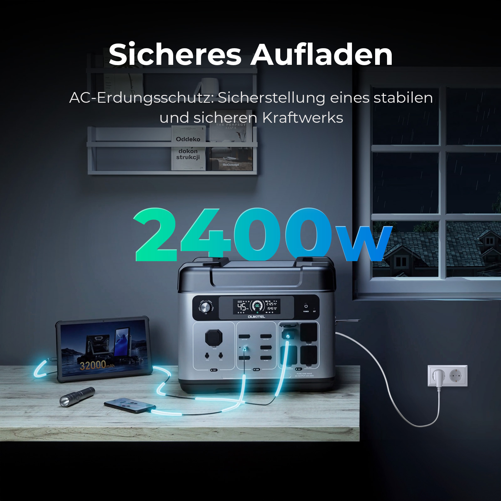 Tragbares 2400W-Kraftwerk lädt Geräte auf einem Tisch in einem Raum auf.