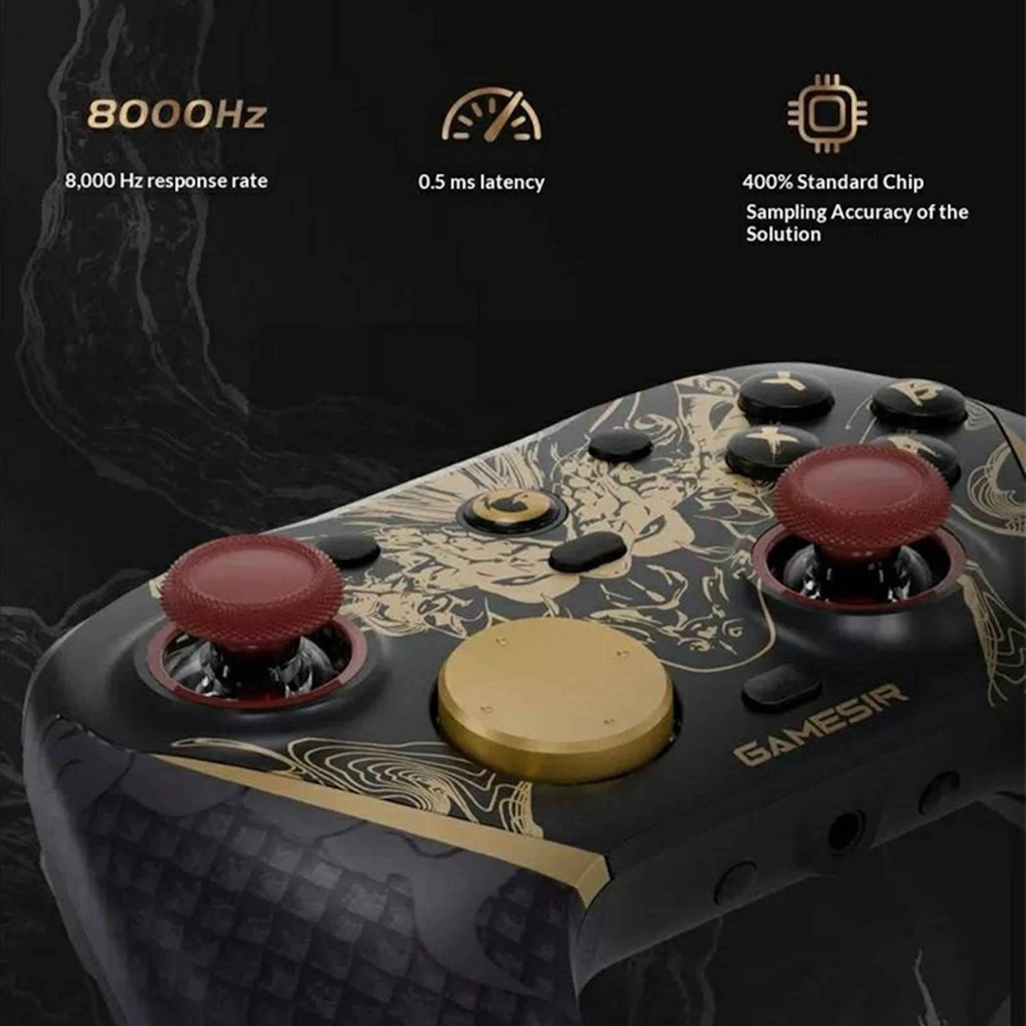 Ein schwarz-goldener GameSir-Controller mit roten Joysticks vor einem dunklen Hintergrund mit technischen Details.