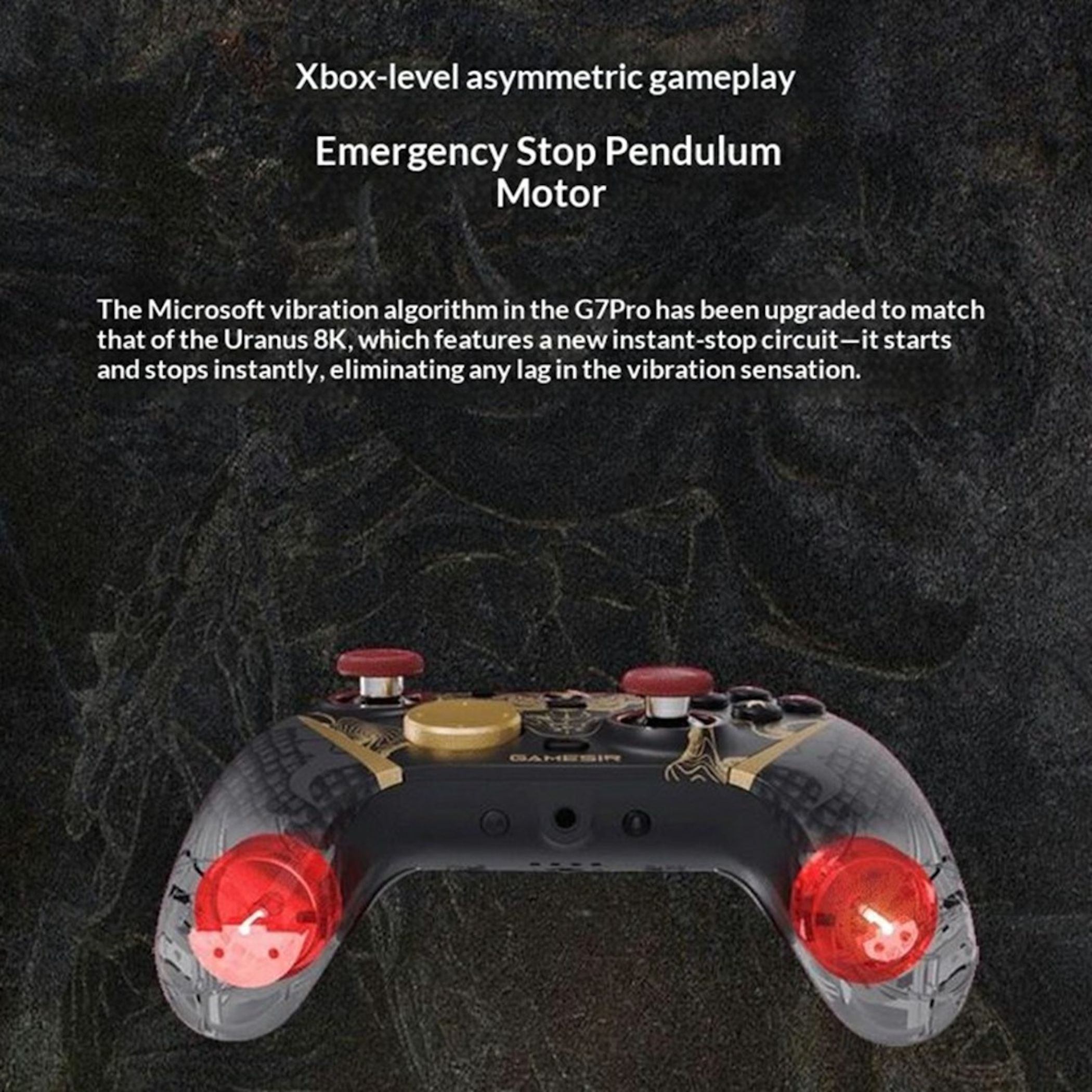Gamepad mit rotem und goldenem Design und Text über asymmetrisches Gameplay.
