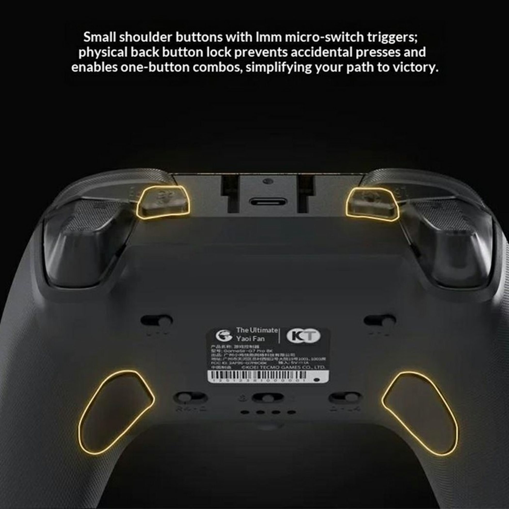 Rückseite eines schwarzen Gamepads mit hervorgehobenen Schultertasten und programmierbaren Tasten.