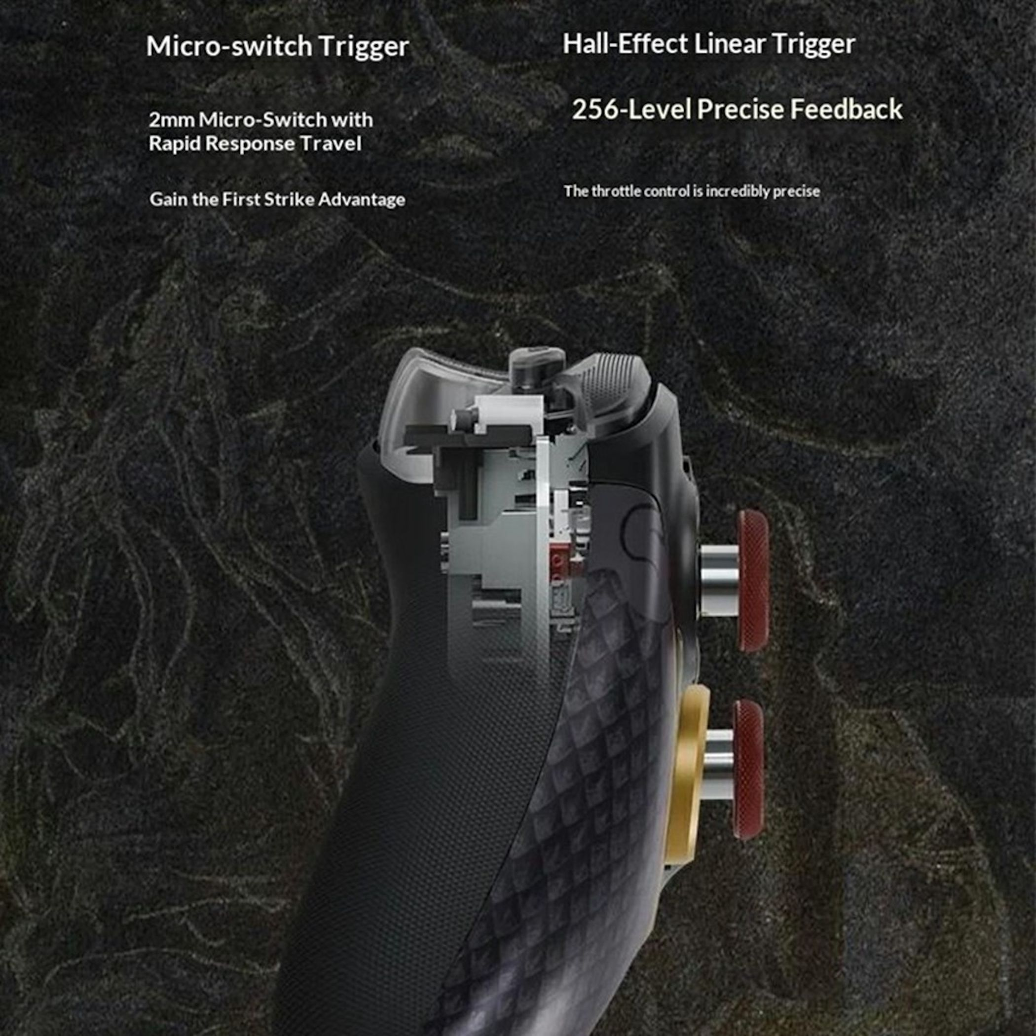 Querschnitt eines Gamecontrollers mit Mikroschalter und Hall-Effekt-Linear-Trigger.